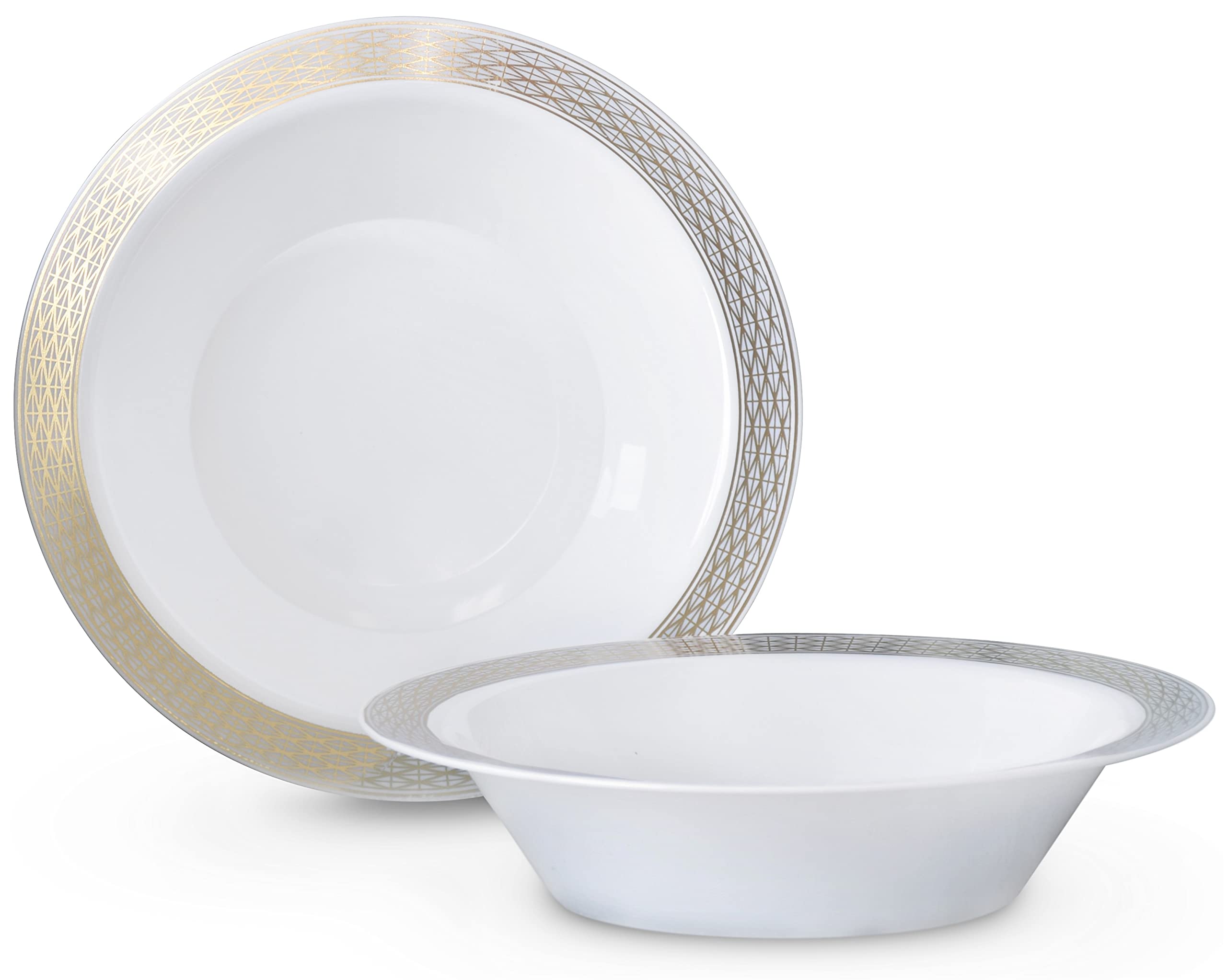 240-Pack Heavyweight Disposable Plastic Bowls for Weddings, Parties & Christmas - 14 oz Soup Bowls in Elegant White & Gold Diamond Design | Perfect for Catering, Holiday Gatherings & Special Events