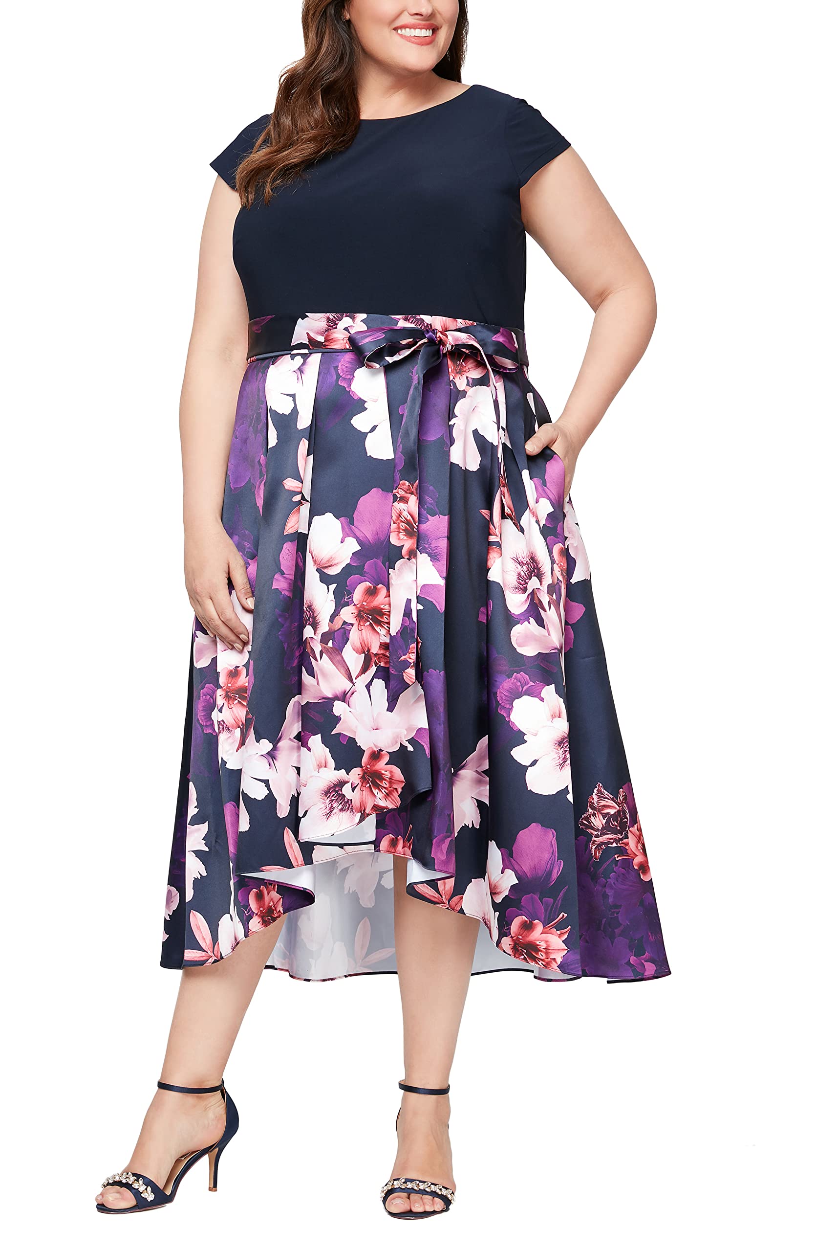 **S.L. Fashions Women's Plus Size Tea Length Tuck Neck Fit and Flare Dress – Elegant A-Line Dress for Casual, Office & Special Occasions**