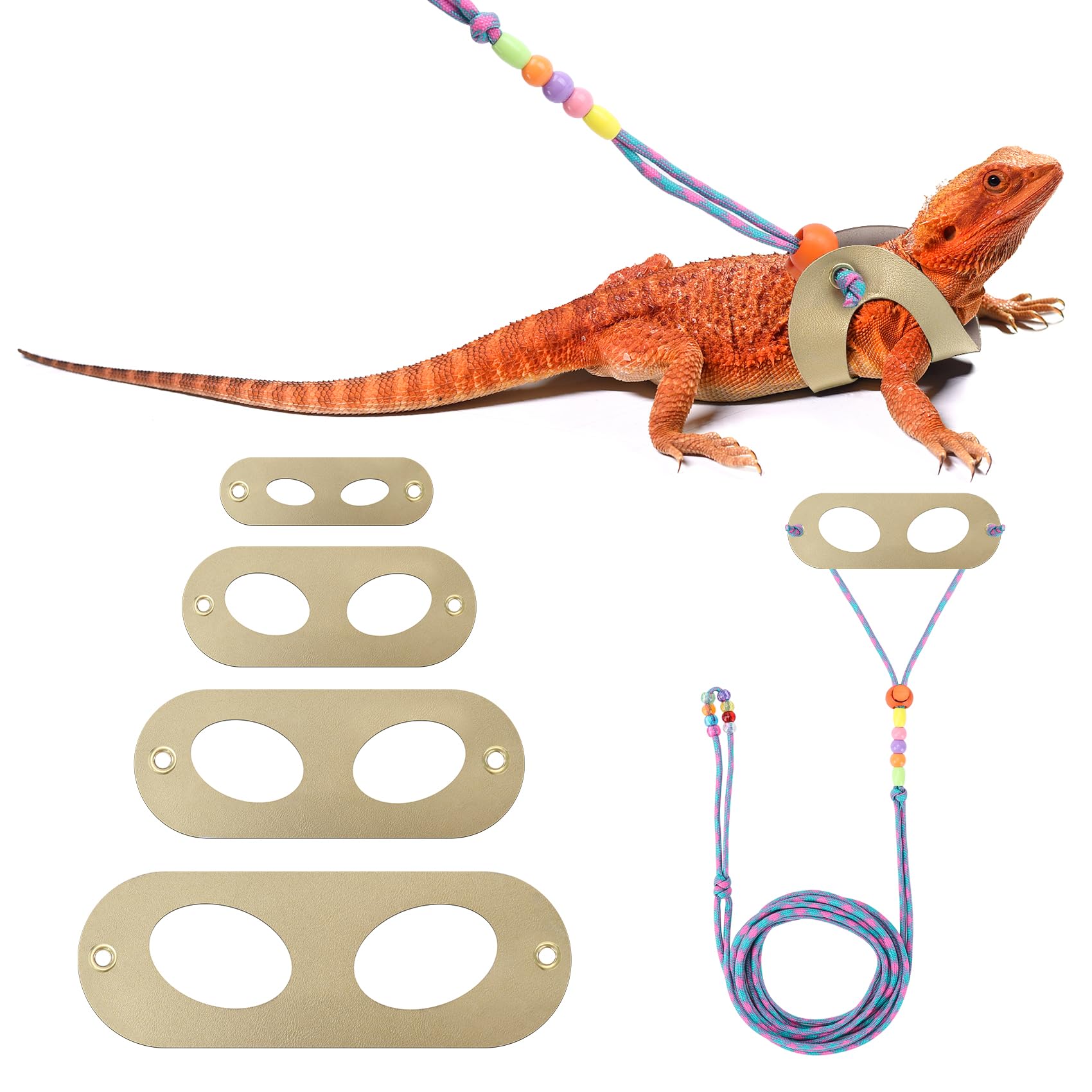**LIKZINWA Adjustable Bearded Dragon Leash Harness - 4 Sizes for Reptiles & Small Pets (Gold) - Perfect for Outdoor Walks & Safe Exploration**