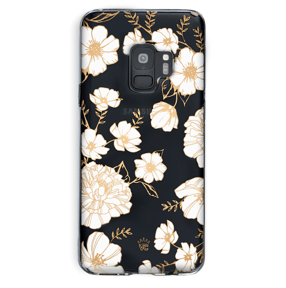 Elegant White and Gold Floral Clear Samsung Phone Case - Slim Protective Cover for Galaxy S21/S22/S23 - Perfect for Everyday Use, Travel & Gifting