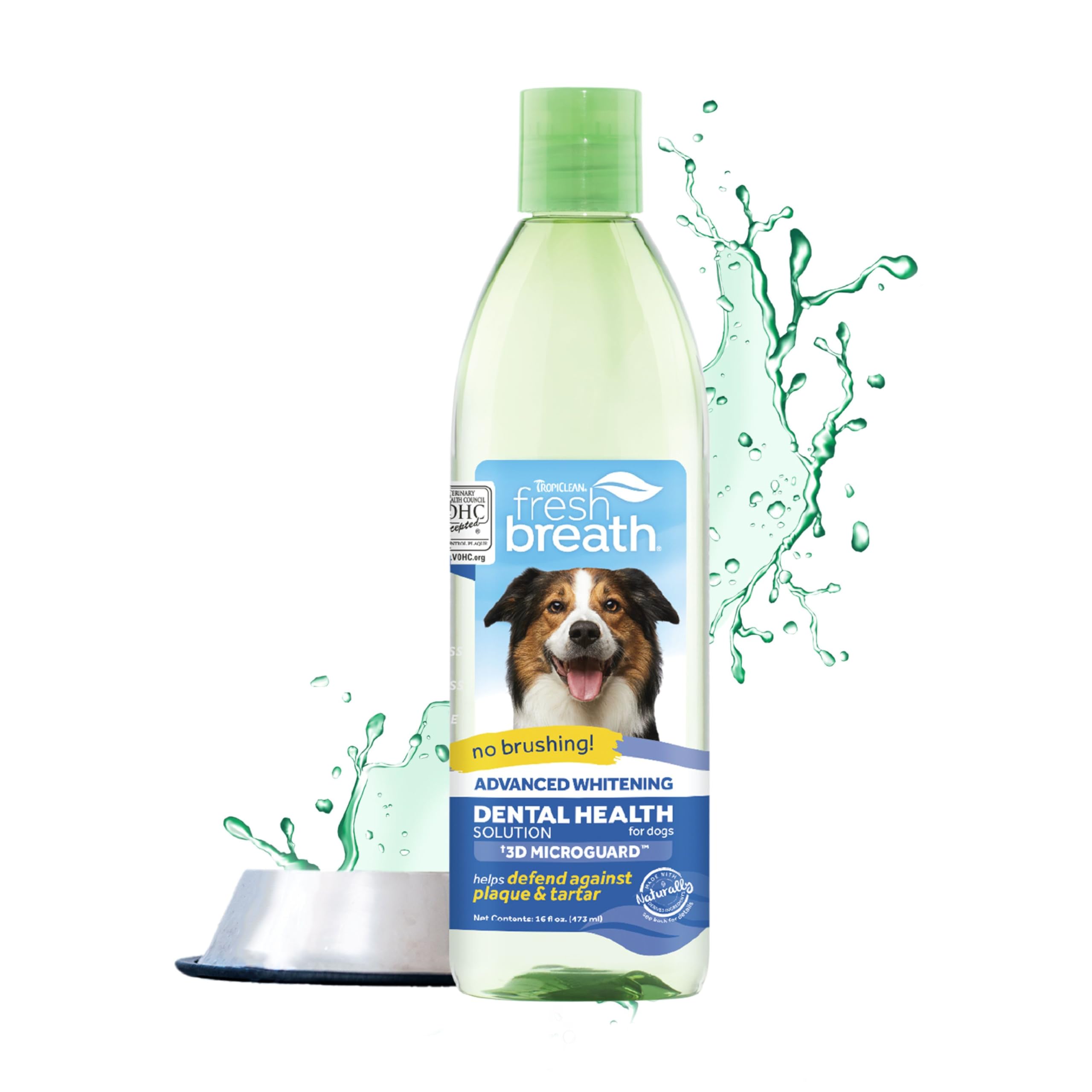 TropiClean Fresh Breath Advanced Whitening Water Additive for Dogs - Dog Dental Care Solution with 3D MICROGUARD Technology | 16oz Bottle | Helps Freshen Breath & Whiten Teeth | Perfect for Daily Oral Hygiene & Water Bowl Use