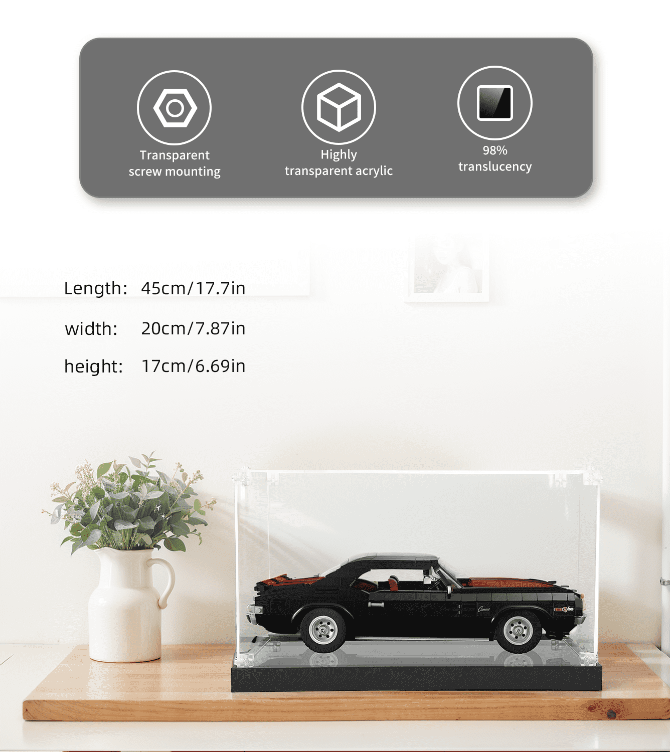 LEGO Creator Chevrolet Camaro Z28 10304 Display Case - Premium Acrylic Showcase for LEGO Car Models - Perfect for Home Decoration, Office Display & Collector's Showcase
