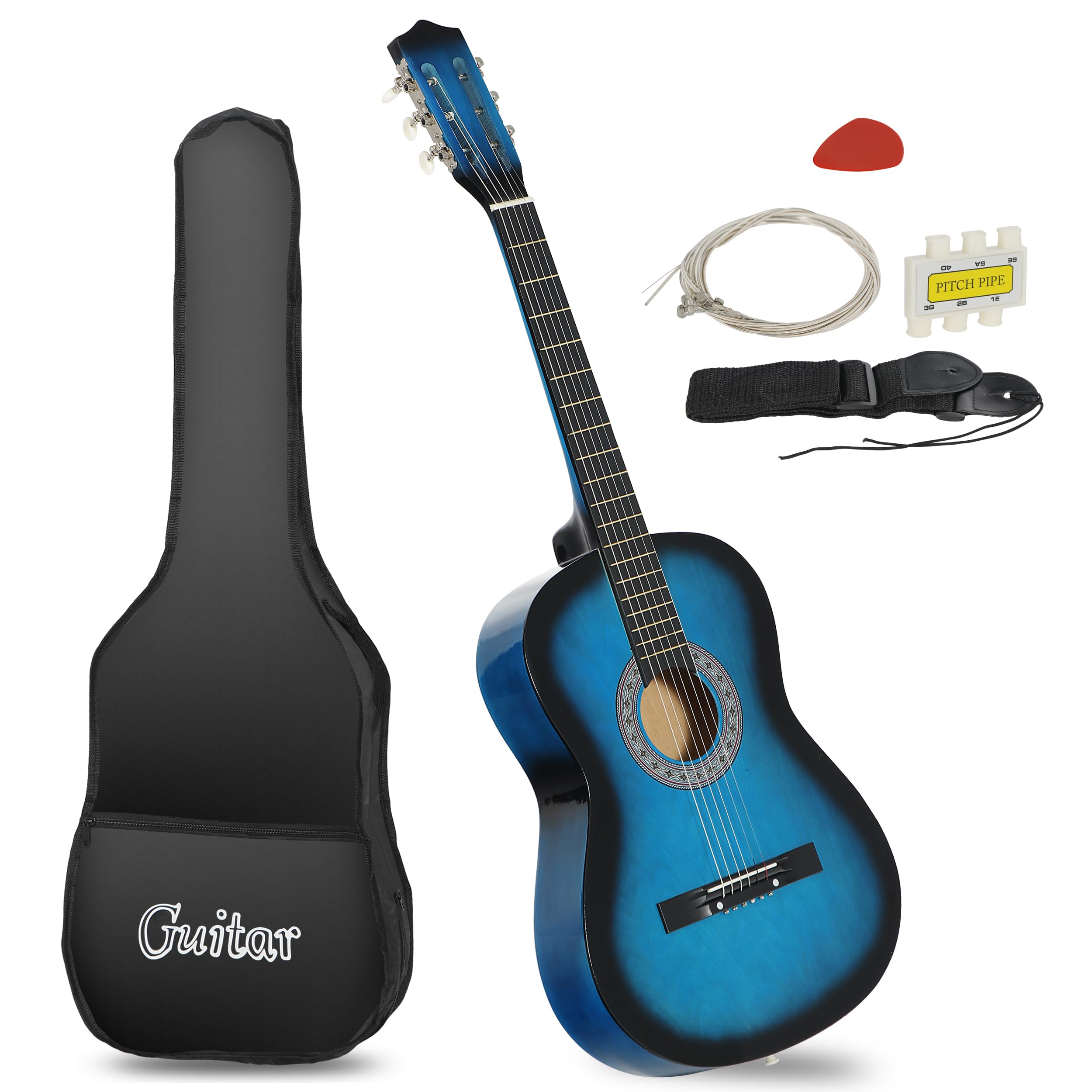 Smartxchoices 38 Inch Acoustic Guitar for Beginners - 6 String Right-Handed Guitar with Gig Bag, Strap, Pitch Pipe, Extra Strings & Pick - Ideal for Kids, Students & Youths (Blue) - Perfect for Learning, Practice & Home Performances