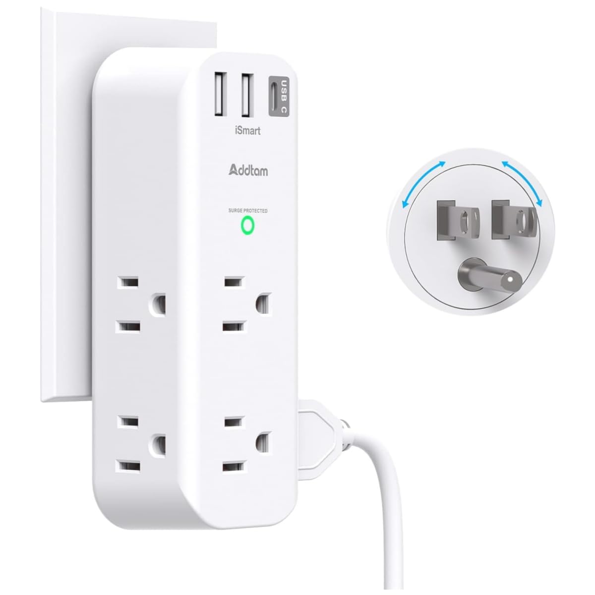 6-Outlet Surge Protector with 3 USB Ports (1 USB-C) - 1800J Power Strip with Rotating Plugs, Wall Adapter & 3-Sided Design for Home, Office & Travel | ETL Certified | Perfect for Charging Multiple Devices in Bedrooms, Dorms & Workspaces