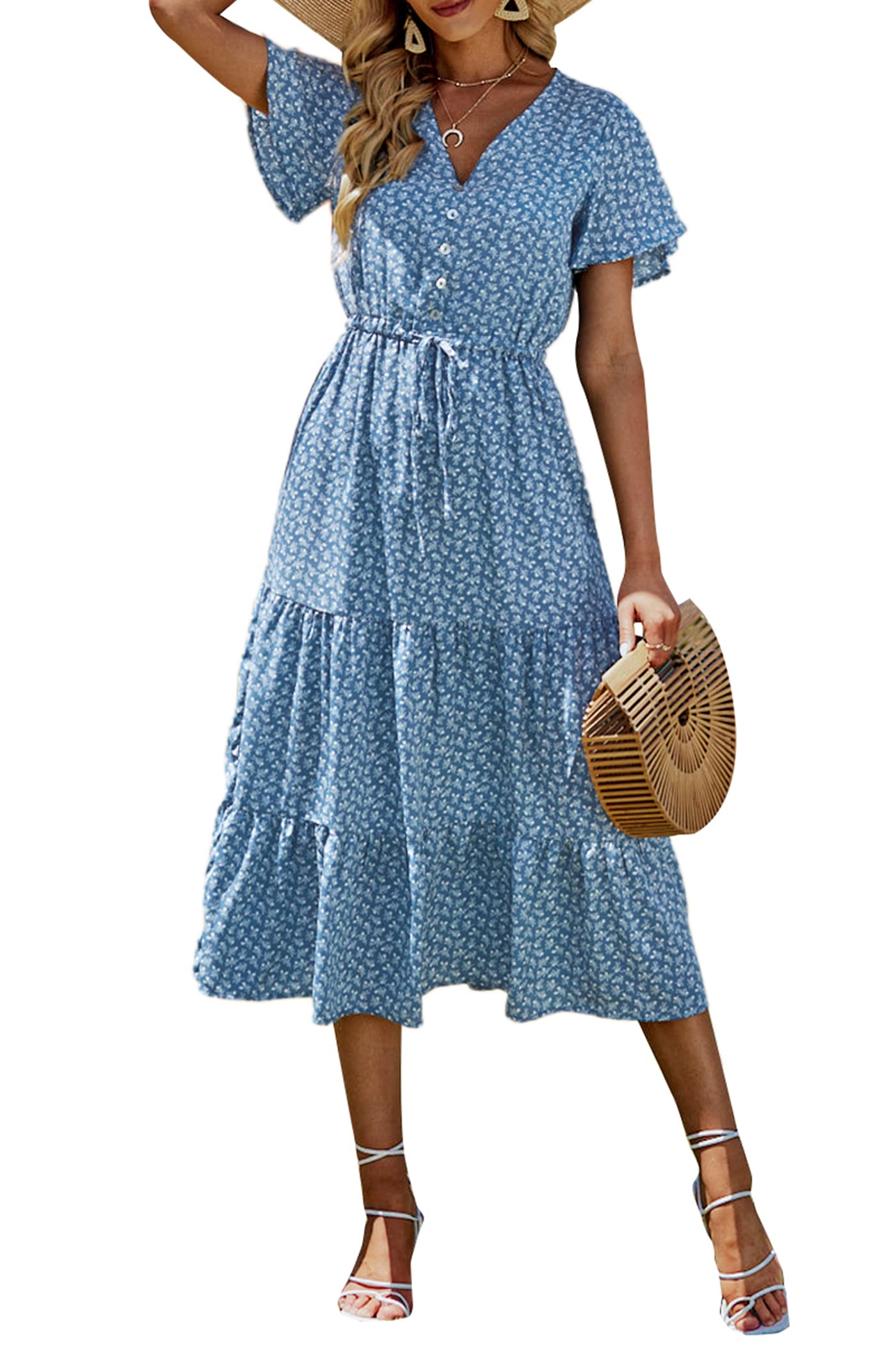 PRETTYGARDEN Women's Floral Maxi Dress - 2025 Summer Casual Short Sleeve V-Neck Tiered Boho Sundress - Perfect for Beach Vacation, Date Night & Outdoor Parties