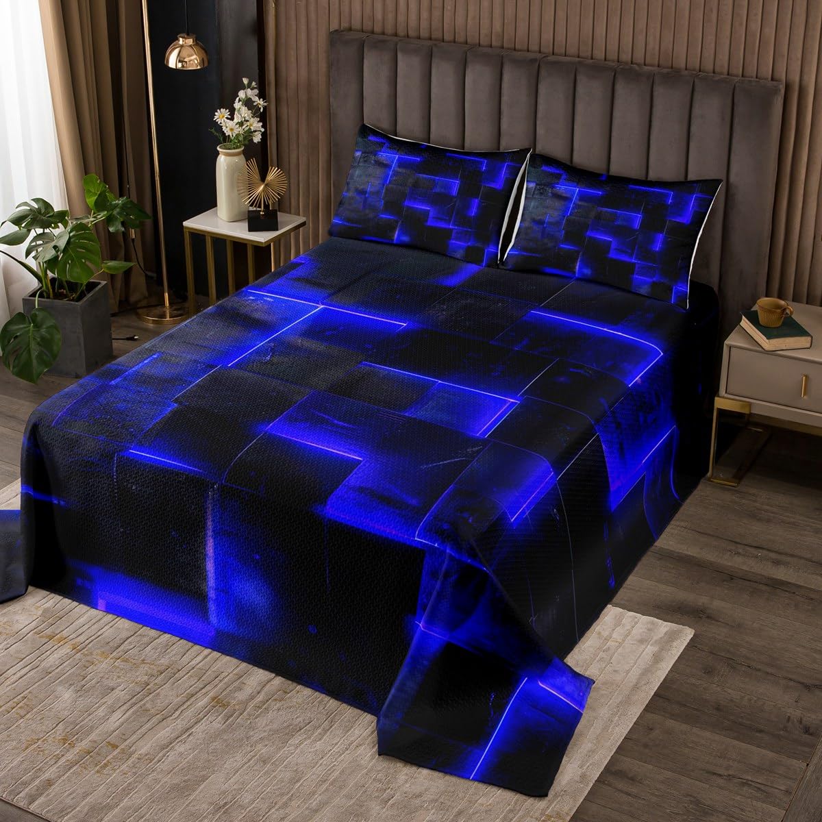 Erosebridal 3D Geometric Queen Quilt Set - Abstract Aesthetic Bedding Coverlet in Black & Navy Blue - Futuristic Glowing Cubes Design - Neon Grid Bedspread 3-Piece Set for Modern Bedroom Decor