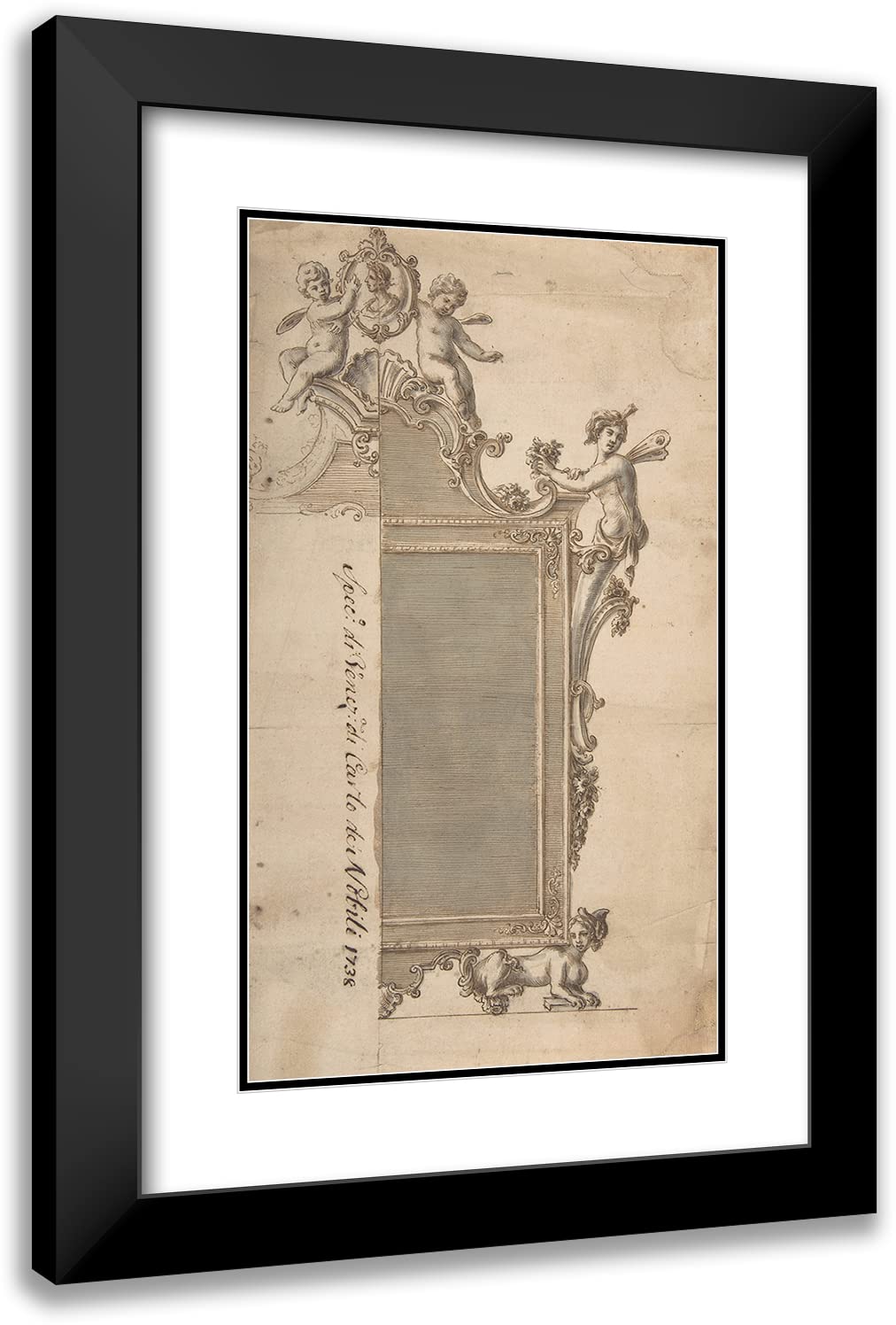 Giovanni Battista Natali III 12x18 Black Modern Framed Art Print - Design for Mirror Frame (ca. 1720-40) | Double Matted Museum Quality | Wall Decor for Living Room, Office & Gallery Display