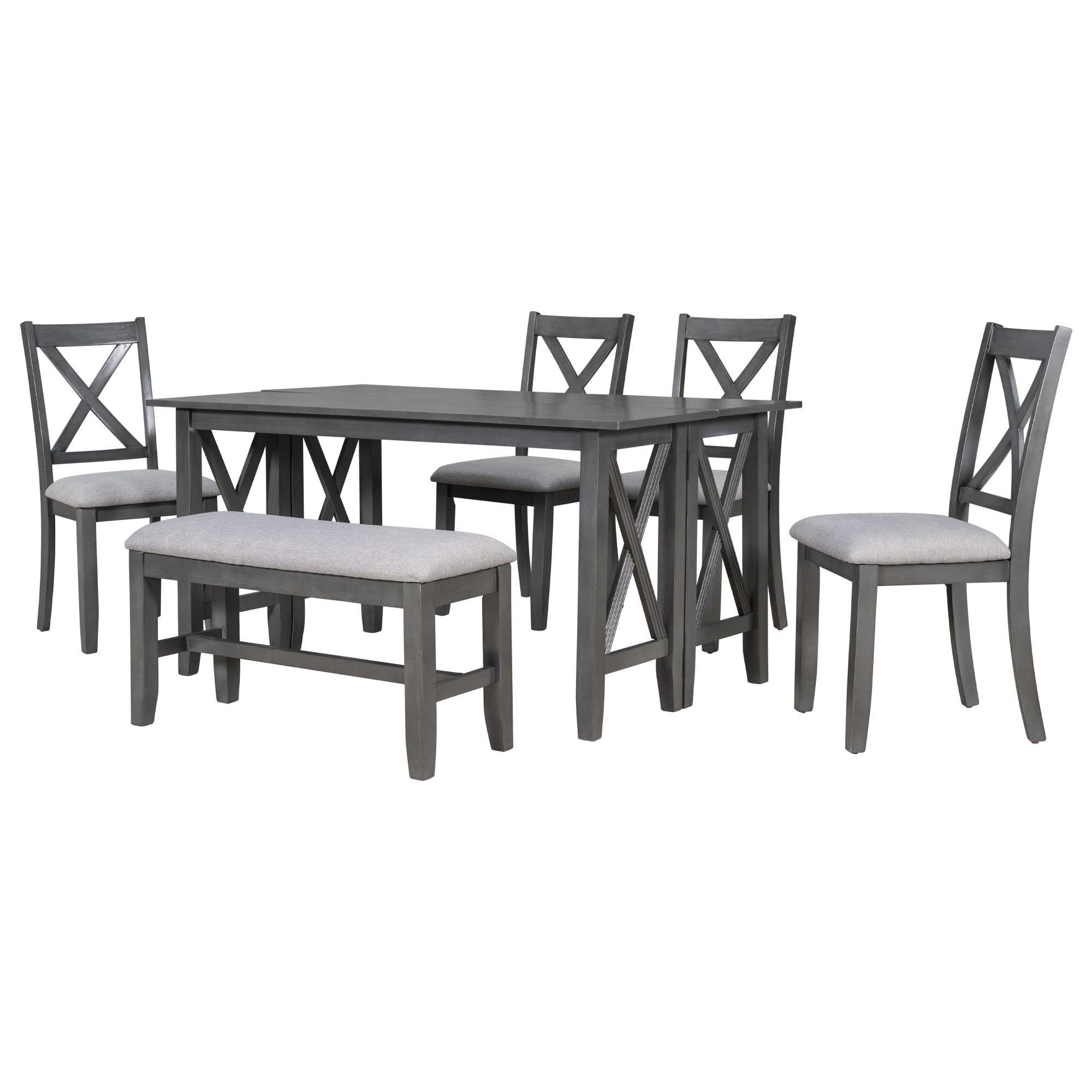 6-Piece Dining Table Set - Wooden Rectangle Table with 4 Chairs & Bench with Cushions - Gray Kitchen Table Set for 6 People | Perfect for Family Meals, Dinner Parties & Small Space Dining Rooms