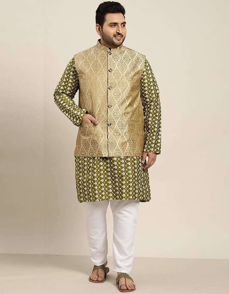 Elegant Brown & Green Kurta with Silk Blend Pant - Perfect for Festivals, Weddings & Ethnic Occasions