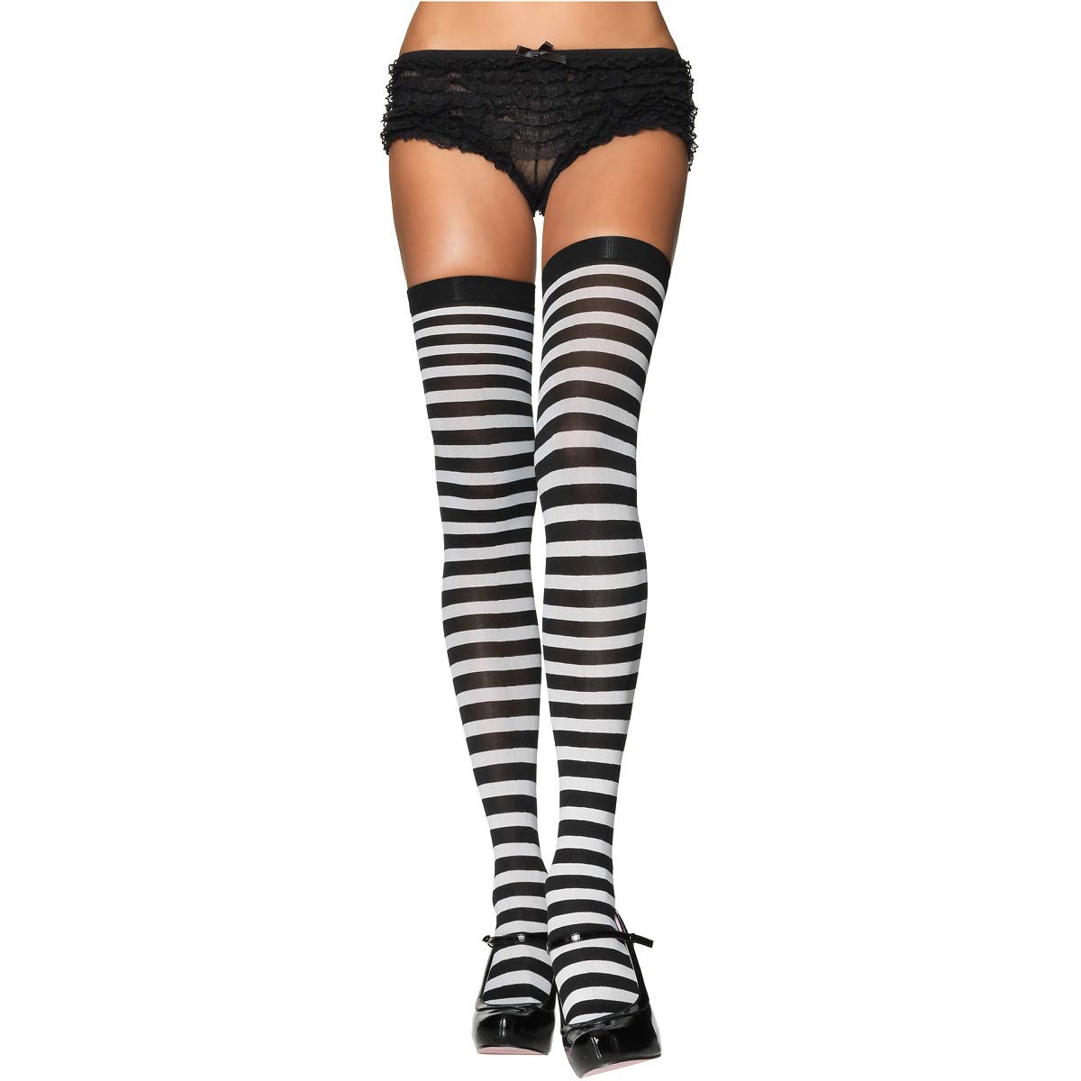 Nylon Striped Stockings for Women - Black & White One Size Hosiery - Perfect for Cosplay, Halloween Costumes & Fashion Outfits