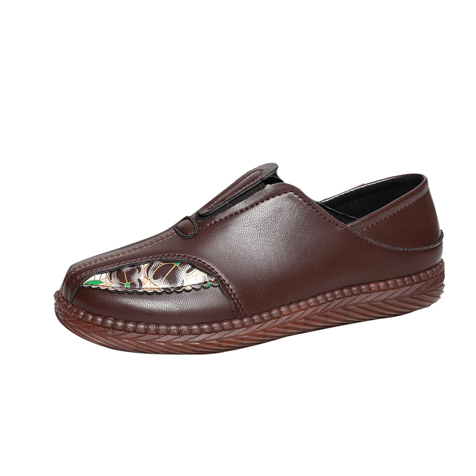 Women's Casual Leather Flats with Floral Printed Sole - Soft Retro Pumps & Patent Leather Wedges for Everyday Wear, Office & Parties