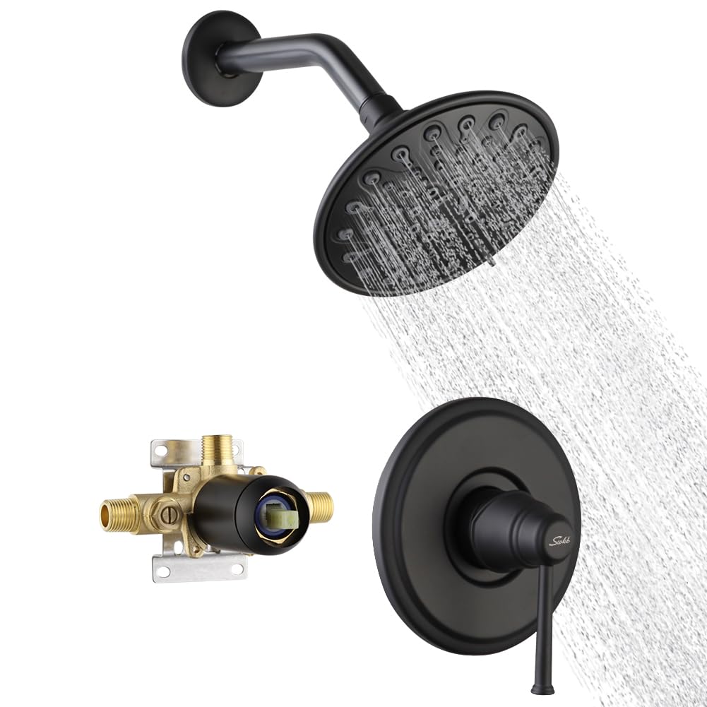 Premium Matte Black Shower Faucet Set with Valve - 6-Spray Rainfall Shower Head System & Single Handle Trim Kit for Modern Bathroom Renovation (Perfect for Master Bath, Guest Bath & Spa-Like Shower Experience)