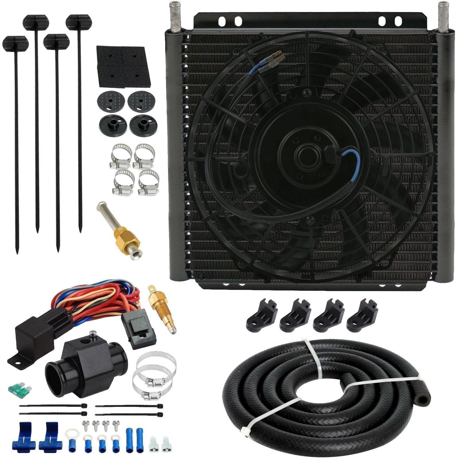 26 Row 6AN Transmission Oil Cooler with Electric Fan - Universal Hose Adapter & Grounding Switch Kit for Performance Vehicles & Racing Applications