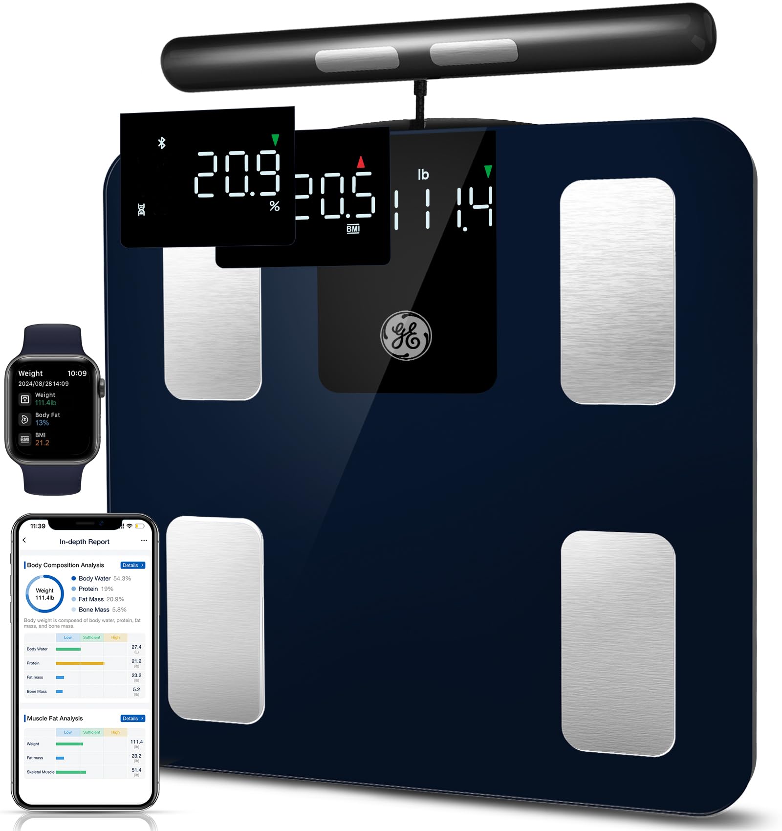 GE Smart Scale for Body Weight & Full Body Composition - 8-Electrode Digital Bathroom Scale with Bluetooth, Measures Weight, Fat, BMI, Muscle Mass & 27 Health Metrics, Highly Accurate up to 400 lbs - Perfect for Home Fitness Tracking & Health Monitoring