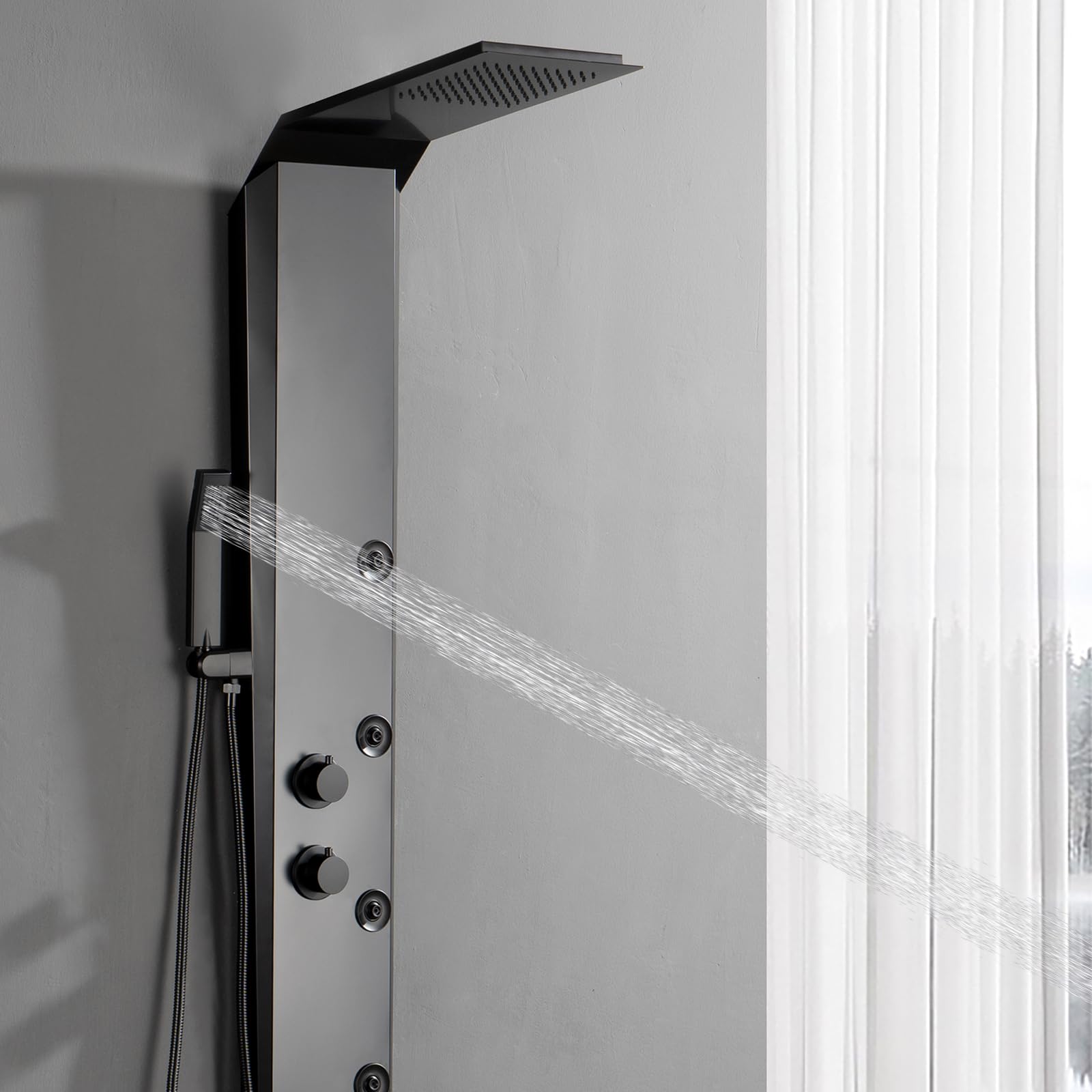 BWE Stainless Steel Shower Panel Tower System - 3-in-1 Multi-Function Shower Panel with Rainfall Shower Head, Body Jets & Handheld Spray - Wall Mount Matte Black Shower Column for Spa-Like Bathroom Experience