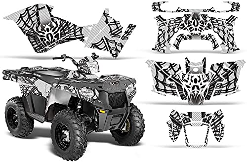 AMR Racing ATV Graphics Kit Sticker Decal for Polaris Sportsman 450/570 (2014-2017) - Widow Maker Black & White Design - Off-Road ATV Customization & Protection