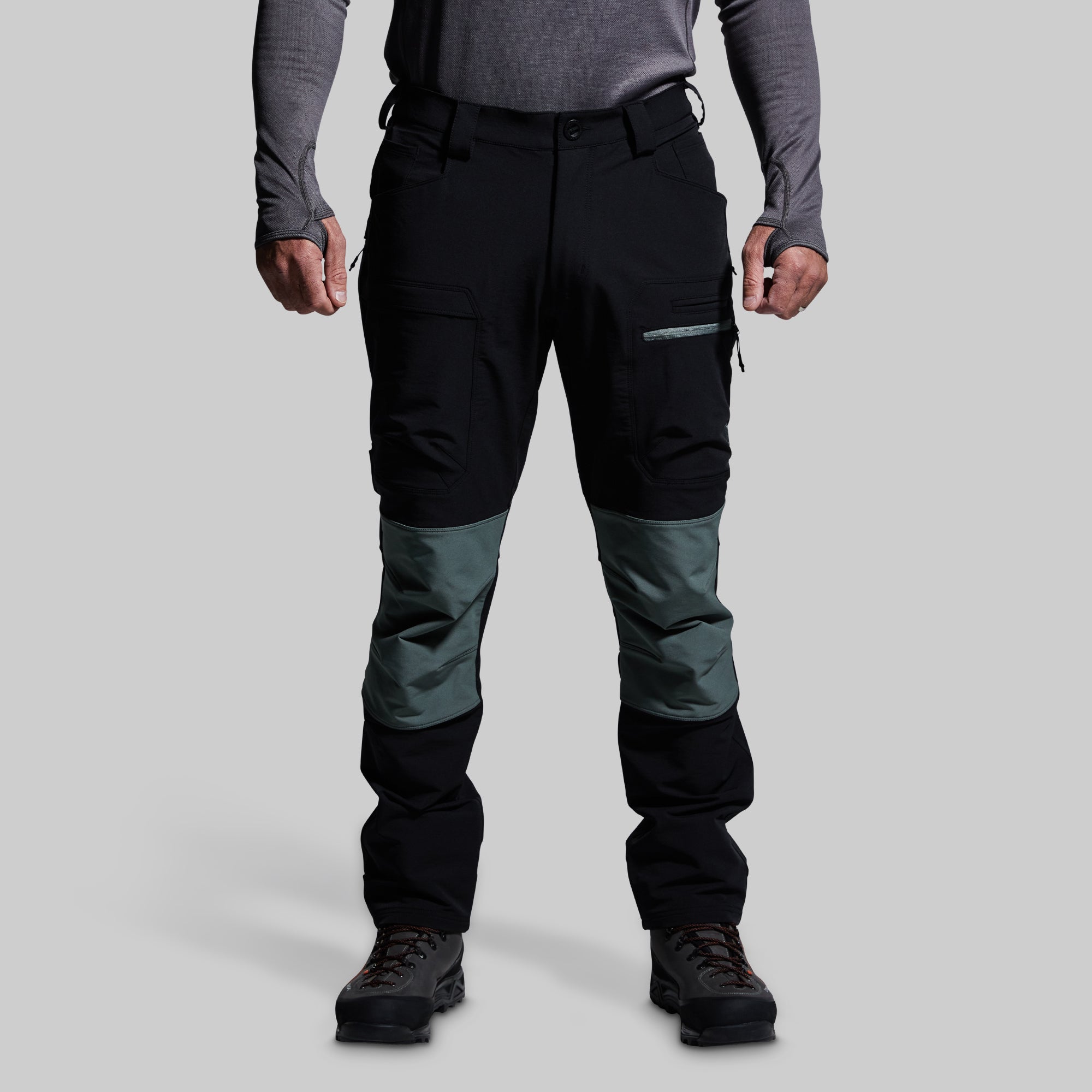 Men's Frontier Outdoor Pants - Black with Fog Knee Panels for Hiking, Camping & Adventure Activities