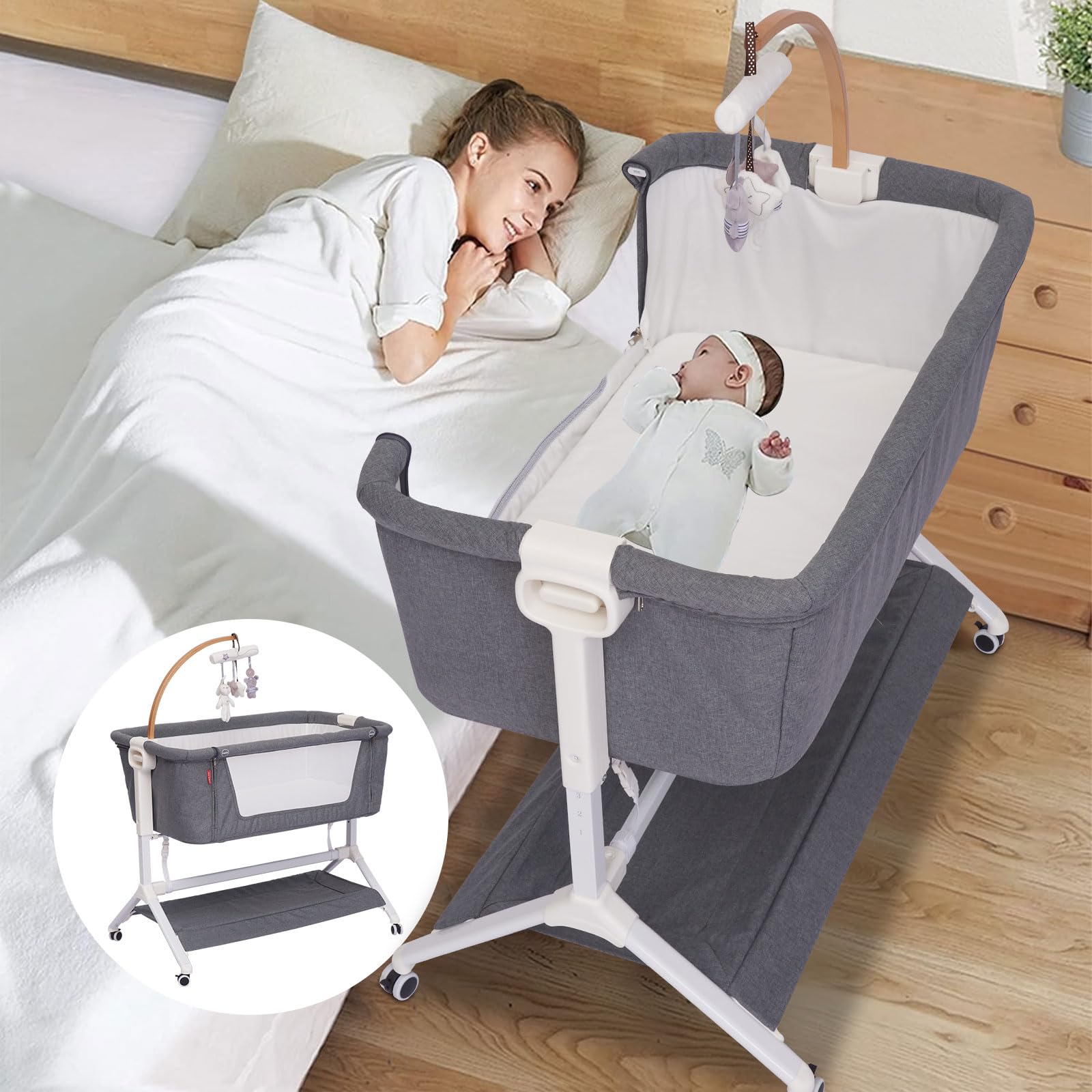 **KINTNESS Portable Baby Bassinet Bedside Sleeper – Adjustable Height Crib with Storage Basket, Mattress & Wheels for Newborns & Infants – Dark Grey – Perfect for Nursery, Bedroom & Travel**