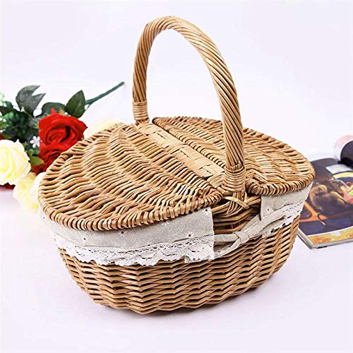 Premium Wicker Willow Picnic Basket with Lid & Handle - Insulated White Liner for Outdoor Dining, Beach Picnics & Grocery Shopping