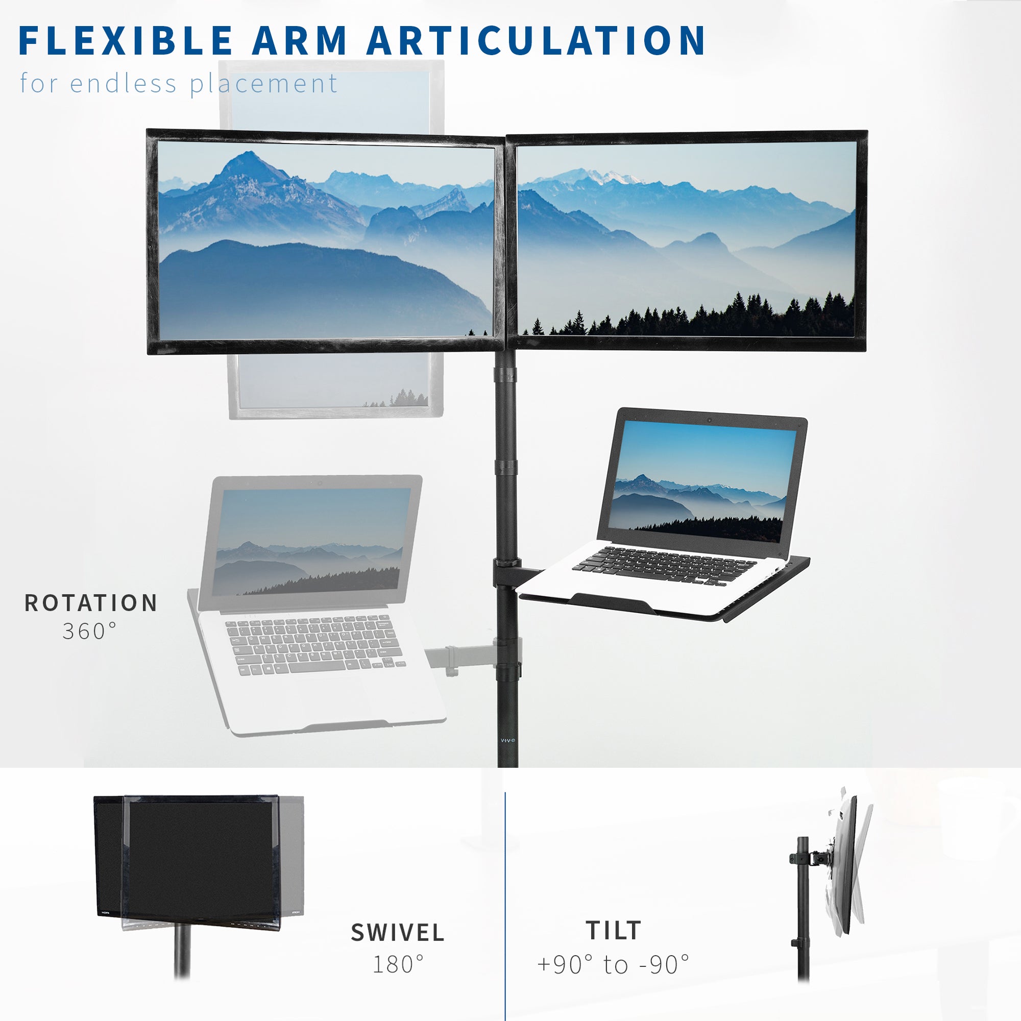 Dual Monitor Stand with Laptop Holder - Adjustable Extra Tall Desk Mount for Home Office Setup, Ergonomic Computer Screen Arm for Dual Workstation - Perfect for Gaming, Coding & Remote Work