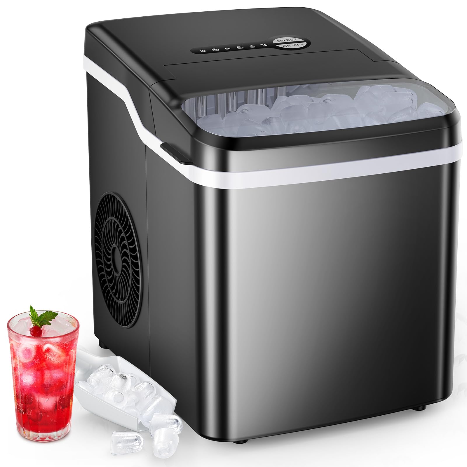 COWSAR Countertop Ice Maker Machine - 26.5lbs/24H, Makes 9 Bullet Ice Cubes in 6 Minutes, Self-Cleaning with Ice Basket & Scoop, 2 Ice Size Options - Perfect for Home Kitchen, Office, Parties, Camping & RV Trips (Black)