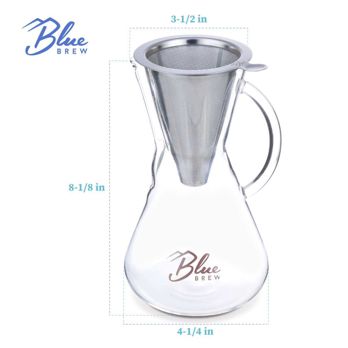 BLUE BREW BB1011 Pour Over Coffee Maker - 15oz Borosilicate Glass Carafe with Stainless Steel Paperless Filter - Perfect for Home, Office & Camping Coffee Brewing