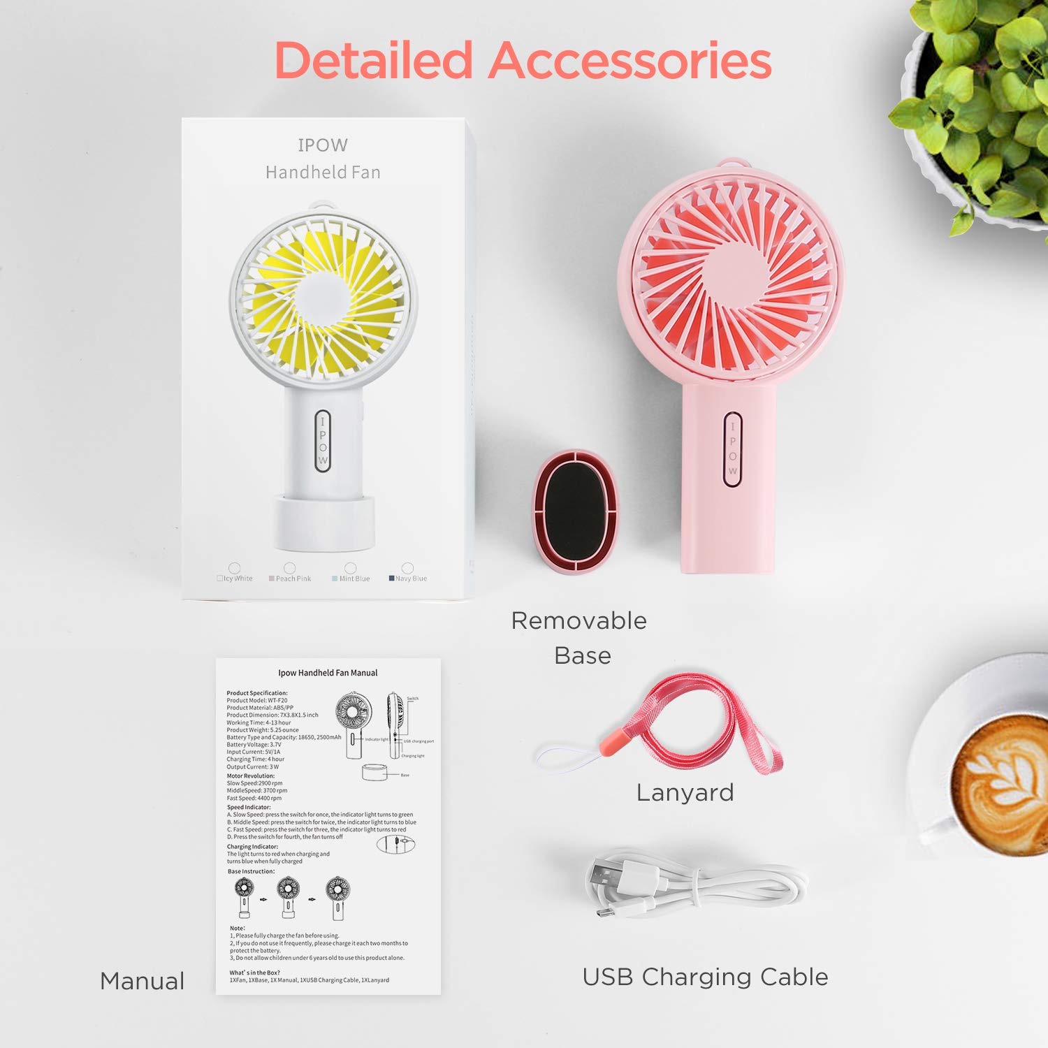 IPOW Mini Handheld Fan - 3 Speed Adjustable USB Rechargeable Portable Fan with Removable Base & Lanyard - Compact Personal Cooling Fan for Home, Office, Camping, Travel (Peach Pink) - Perfect for Disney Trips, Outdoor Activities & Desk Use
