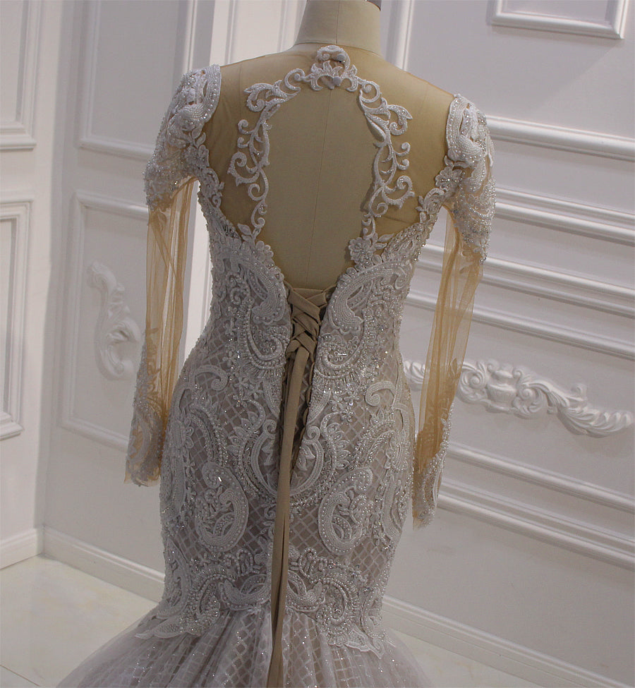 Elegant AM621 Lace Appliques Glitter Champagne Mermaid Wedding Dress – Perfect for Bridal Gowns, Evening Galas & Formal Occasions