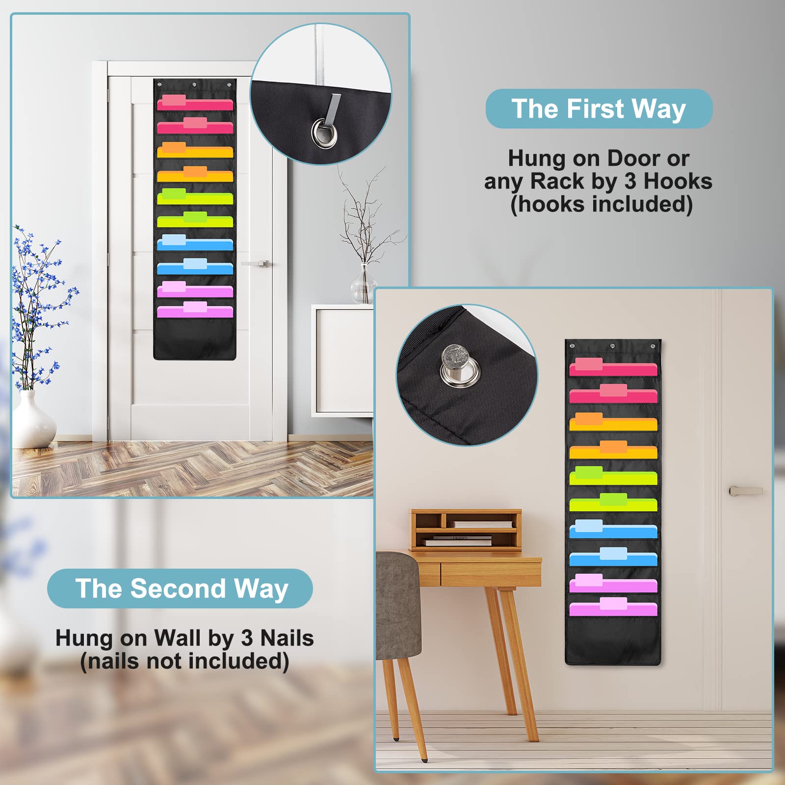 Geyee 4 Pack Hanging Wall File Organizer with 10 Pockets - Over Door Hangers Included - Storage Pocket Chart for File Folders, Classroom Mailbox & Home Office Papers - Perfect for Wall Mount Paper Organization in Office, School or Home Use