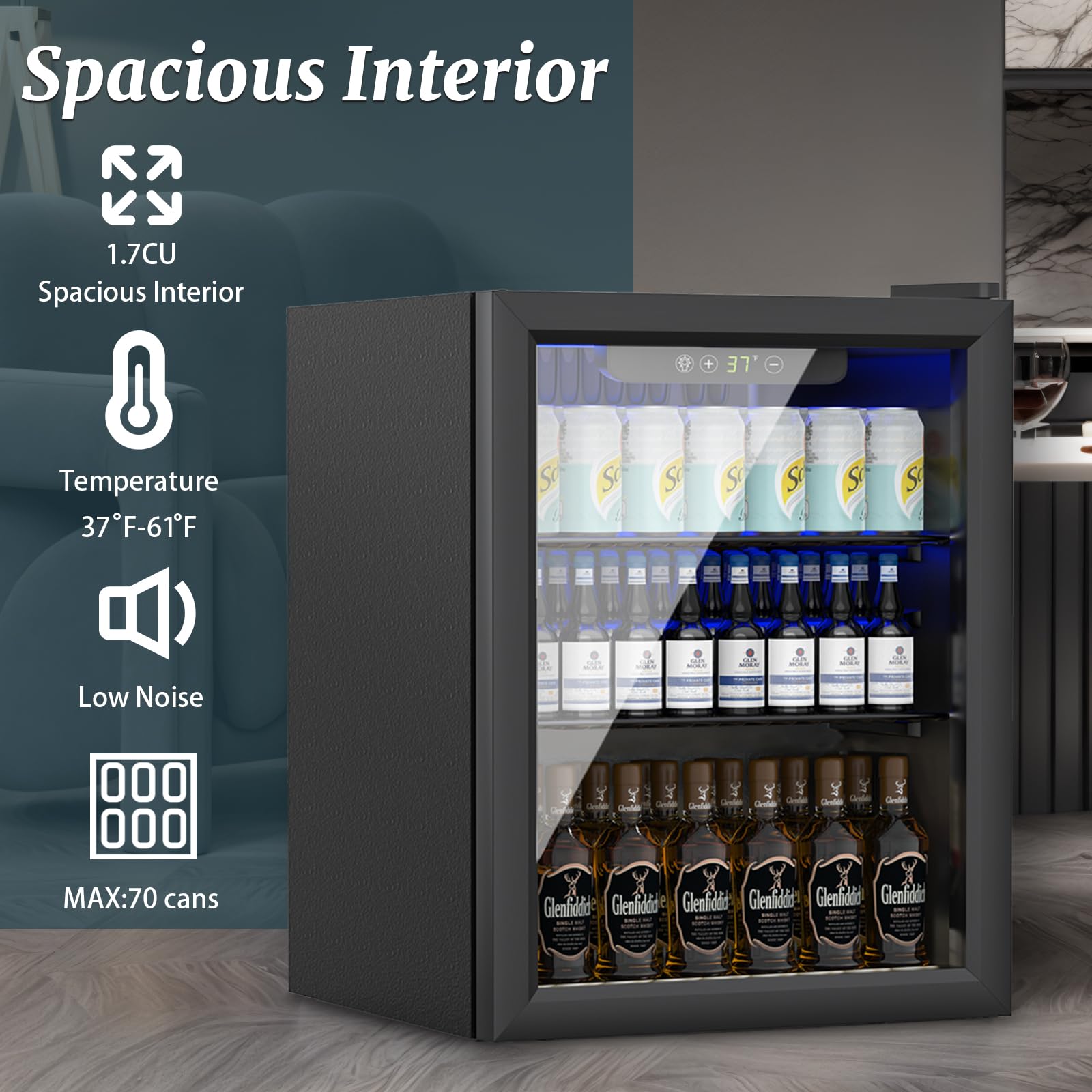 1.7 Cu.ft Beverage Refrigerator Cooler - 72 Can Mini Fridge with Glass Door & Adjustable Temperature Control for Soda, Beer, Wine - Perfect for Office, Bar, Home or Party Use with Removable Shelves