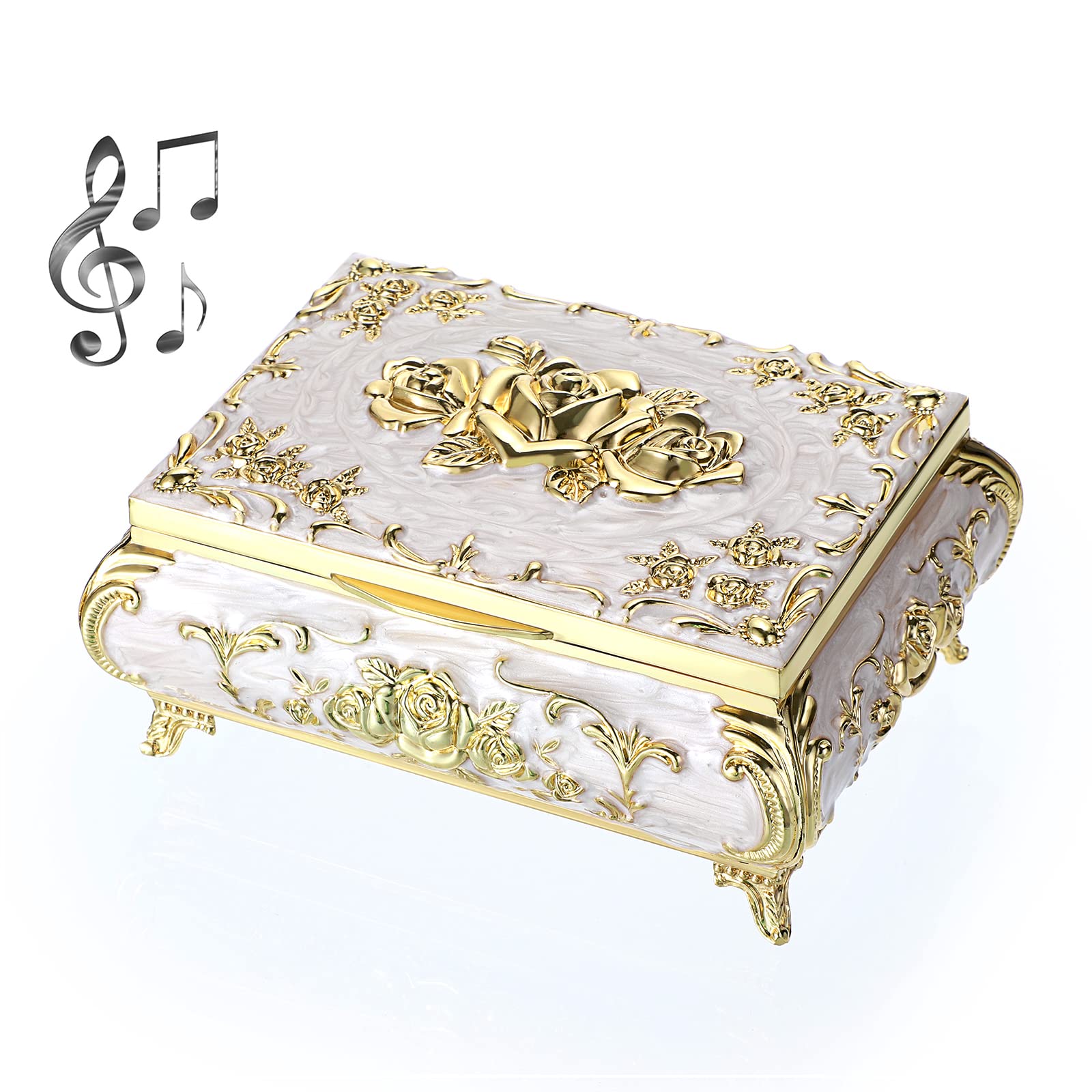 Vintage Beige Metal Music Jewelry Box - Handcrafted Keepsake Storage Box with 