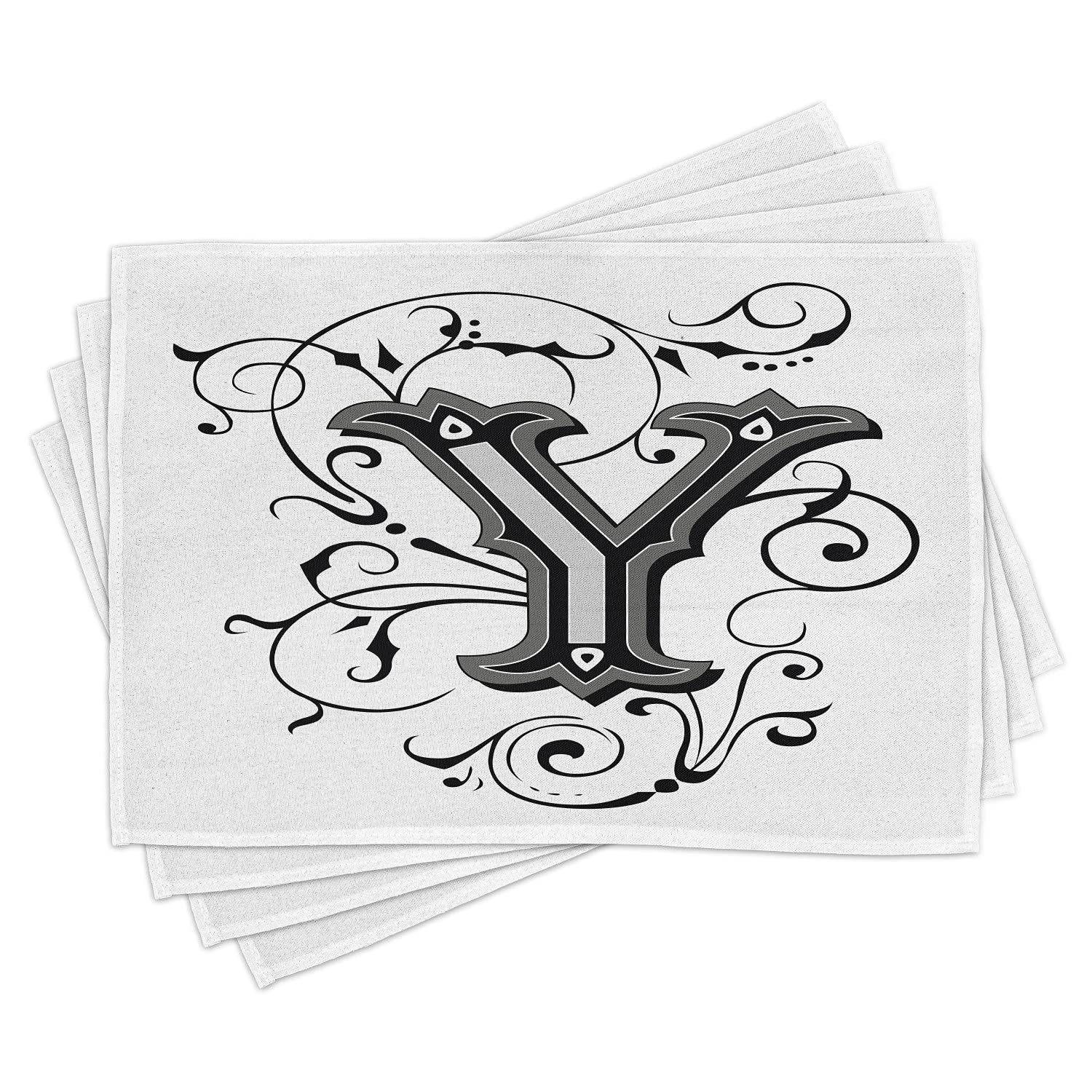 Ambesonne Medieval Calligraphy Letter Y Place Mats Set of 4 - European Alphabet Design Washable Fabric Placemats for Dining Table, Kitchen Decor in Black Grey White - Perfect for Dinner Parties, Holiday Gatherings & Home Decor