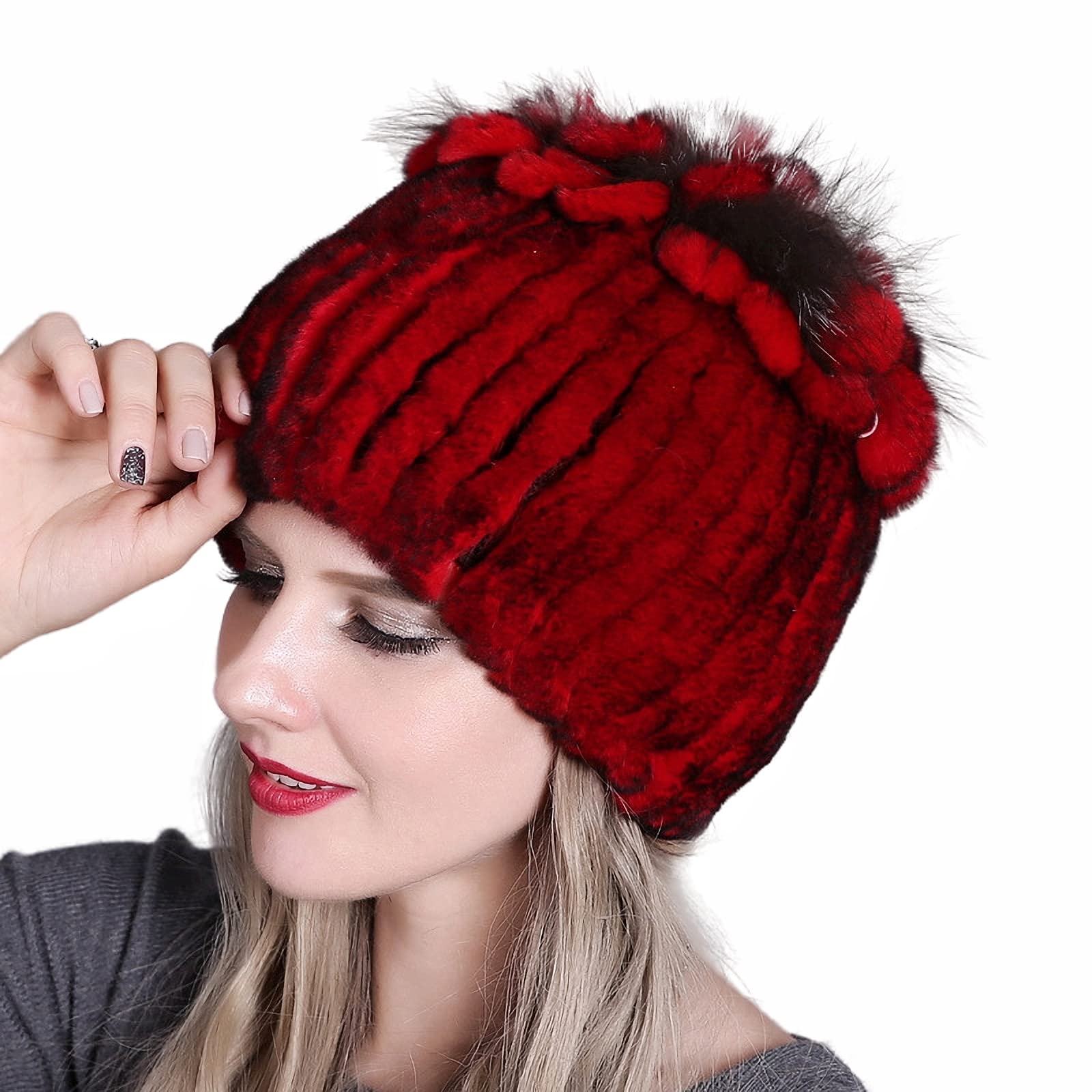 Women's Rabbit Fur Beanie Hat - Soft Russian Style Winter Knit Cap with Fox Fur Lining - Warm Skull Cap for Girls - Perfect for Cold Weather & Outdoor Activities