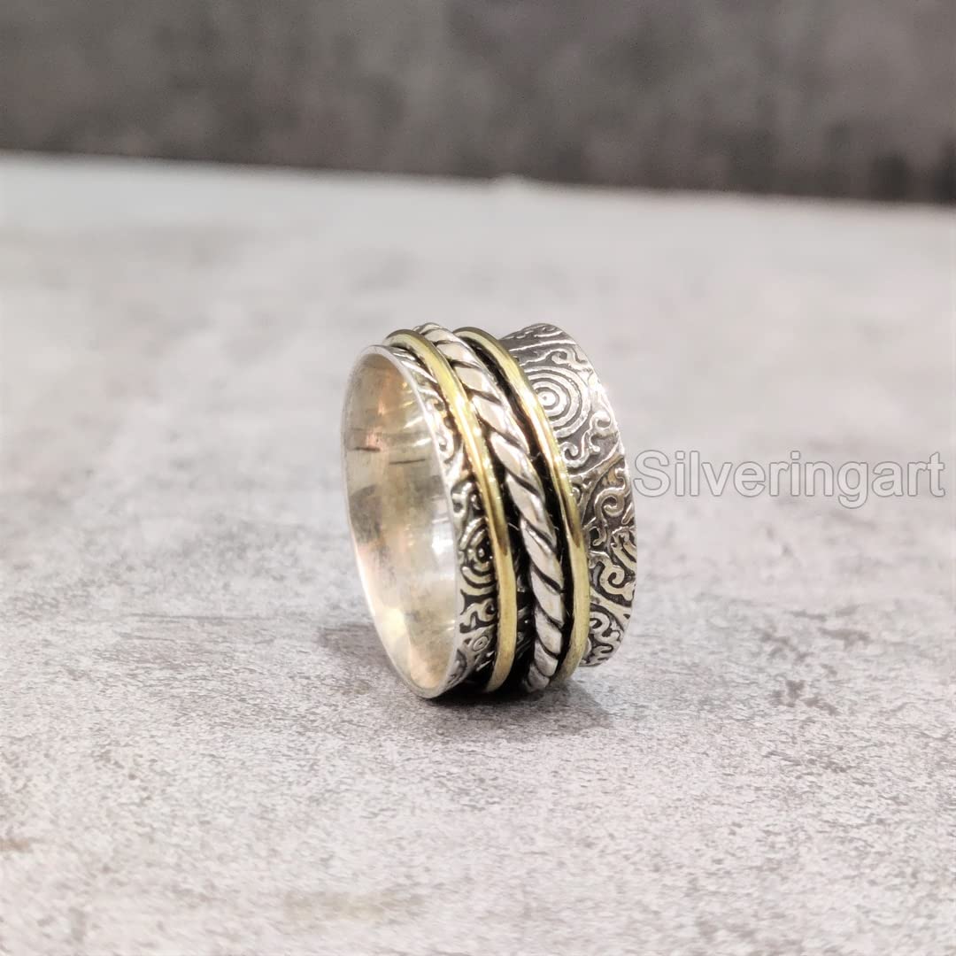 925 Sterling Silver Filigree Spinner Ring - Handmade Meditation & Fidget Ring for Anxiety Relief, Two-Tone Thumb Ring for Men & Women - Perfect Christmas Gift for Stress Relief, Focus & Relaxation (Oxidized Finish)
