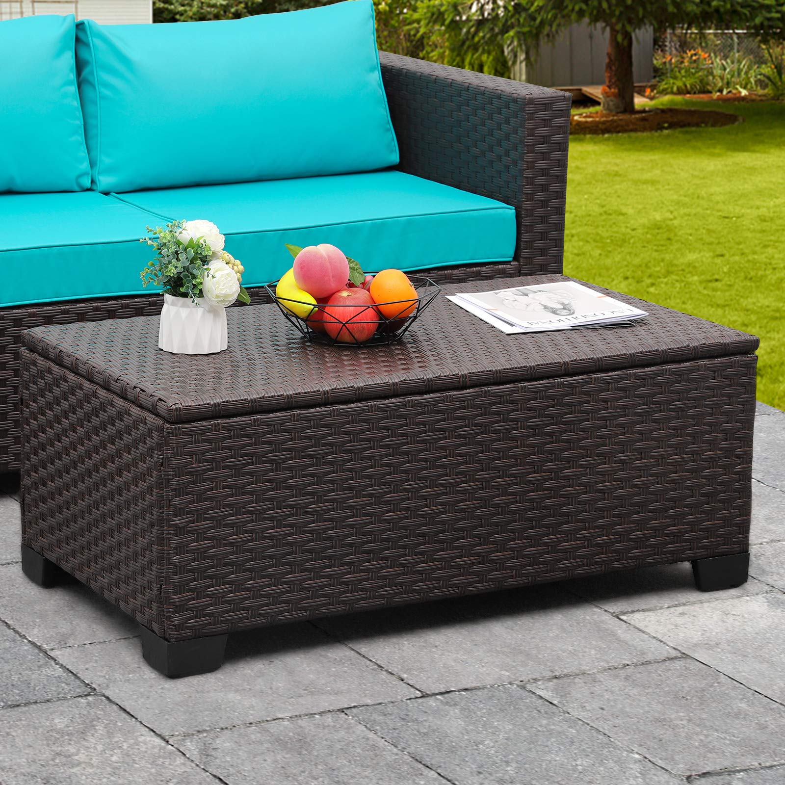 Rattan All-Weather Outdoor Coffee Table with Waterproof Cover - Weatherproof Wicker Patio Side Table for Garden, Poolside & Backyard Decor - Brown Storage End Table