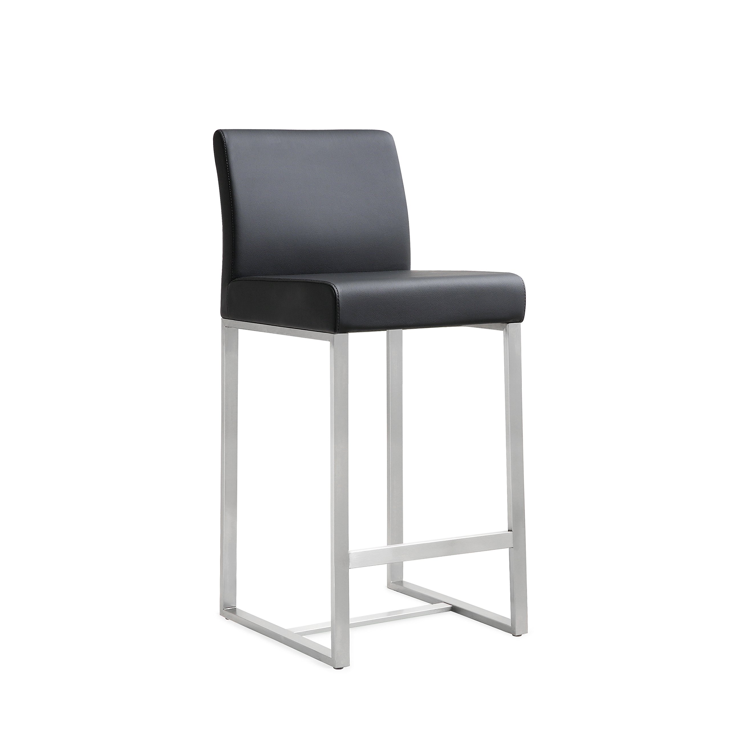 Premium Denmark Black Vegan Leather Counter Stools - Set of 2, Stainless Steel Frame, Modern Bar Stools for Kitchen Island, Breakfast Nook & Dining Room Decor