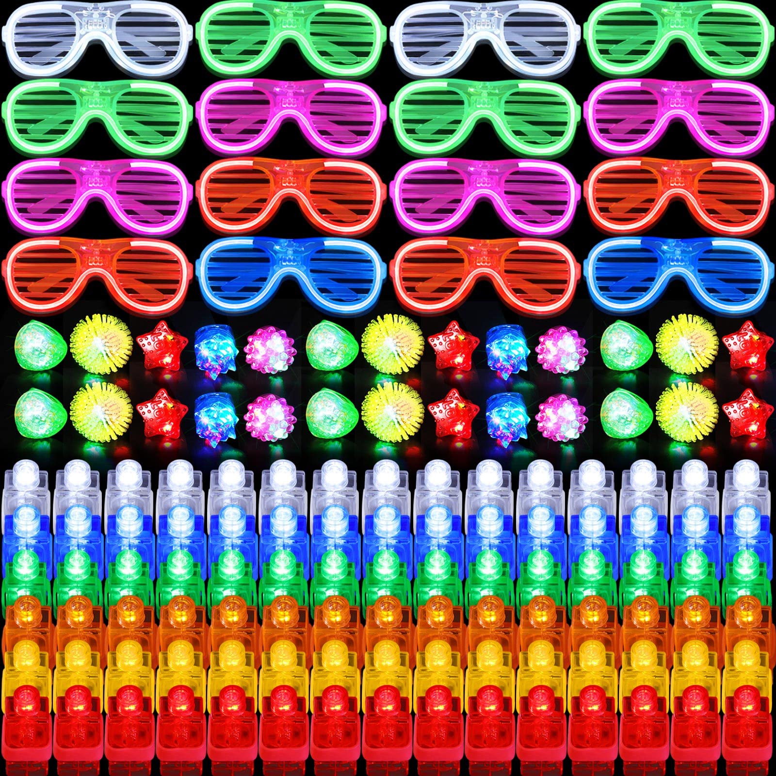 201-Piece LED Party Toy Set - 150 LED Finger Lights, 36 Flashing Rings & 15 Glow Glasses - Glow in the Dark Party Favors for Adults & Teens - Perfect for Birthday, Rave, Club, Neon & Dance Parties