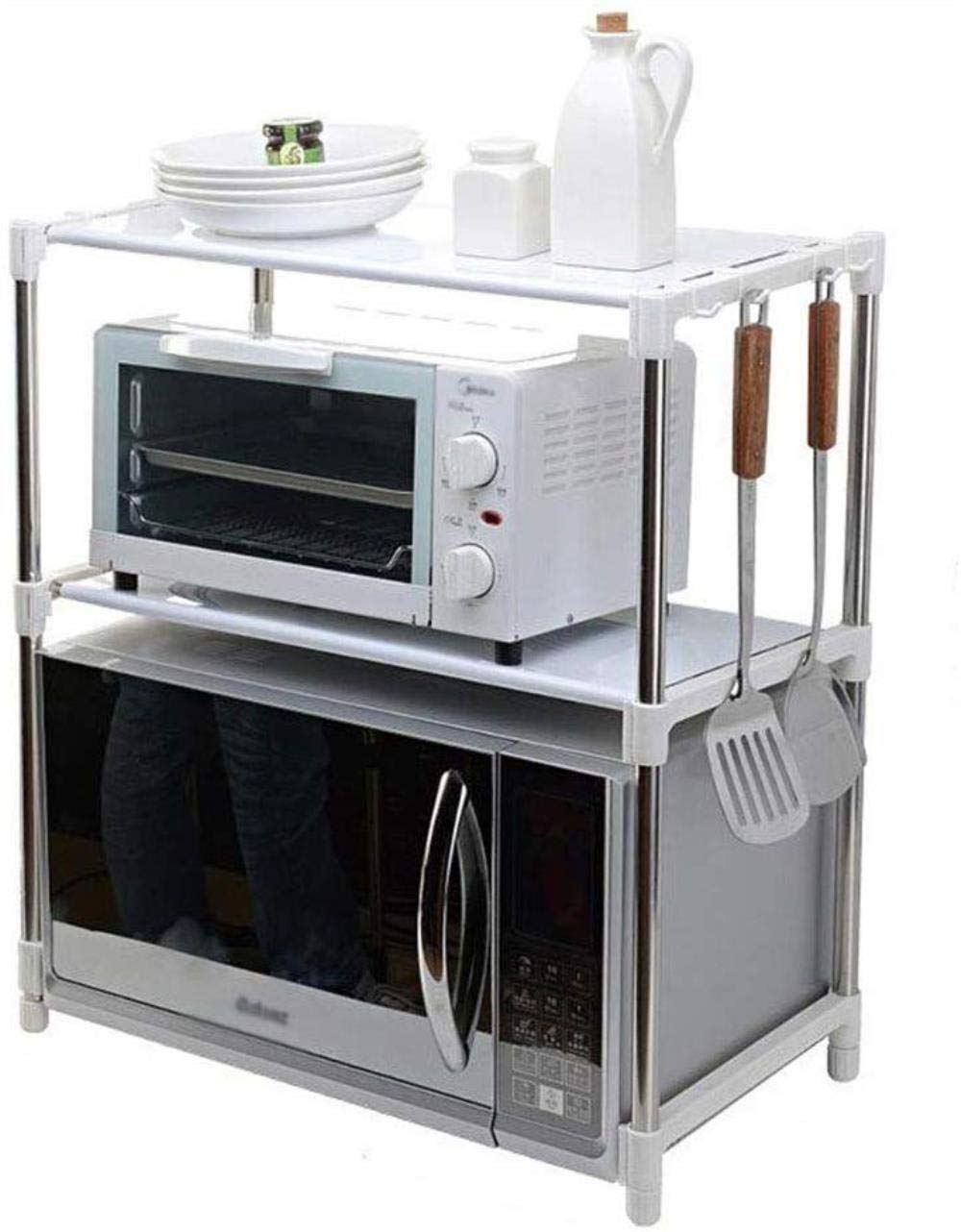 Stainless Steel Adjustable Microwave Stand with Hooks - Durable Kitchen Storage Rack for Microwave Oven - Perfect for Small Spaces, Countertop Organization & Kitchen Supplies Storage