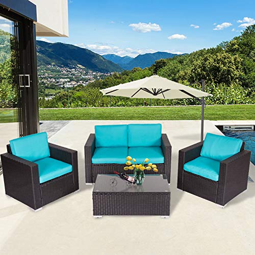 4-Piece Peach Tree Outdoor Wicker Rattan Sofa Set with Coffee Table - Patio Furniture Sectional with Washable Cushions - Perfect for Backyard, Poolside & Garden Relaxation