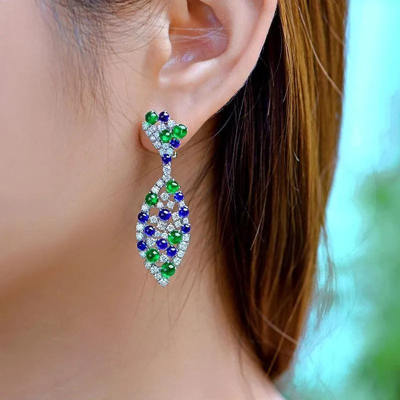Natural 9.28ctw Cabochon Round Sapphire Emerald Diamond Earrings in 18K Gold - Vintage English Lock Design for Women - Perfect for Weddings, Parties & Special Occasions