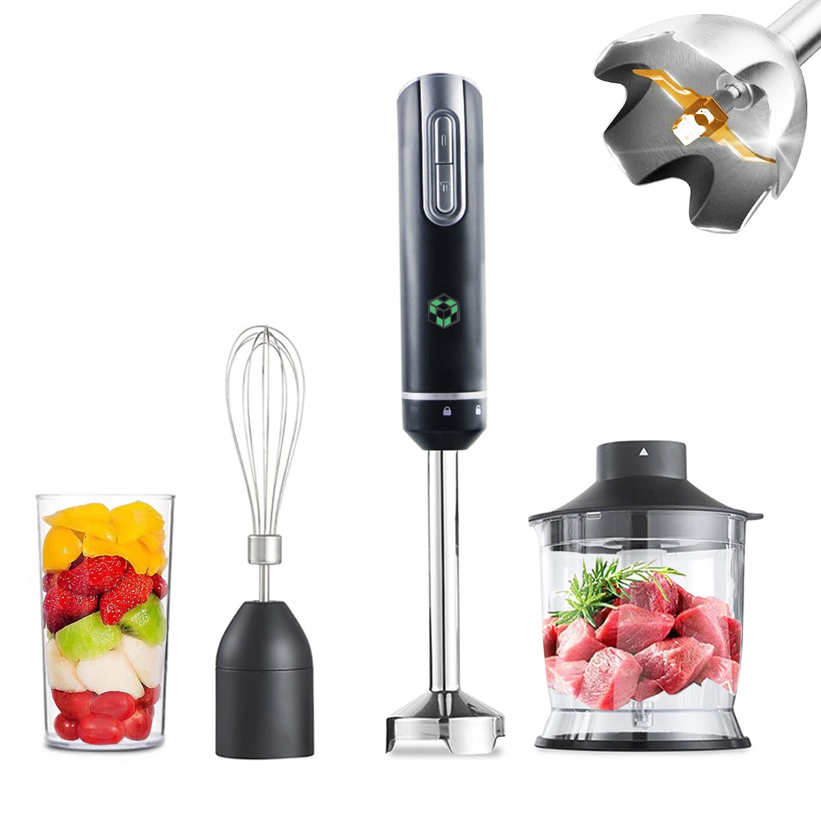 500W Titanium Coated 4-in-1 Immersion Hand Blender - Powerful Stick Blender with 12 Speeds, Stainless Steel Blades, Chopper, Beaker & Egg Whisk - Perfect for Smoothies, Soups, Sauces & Baking (Black)