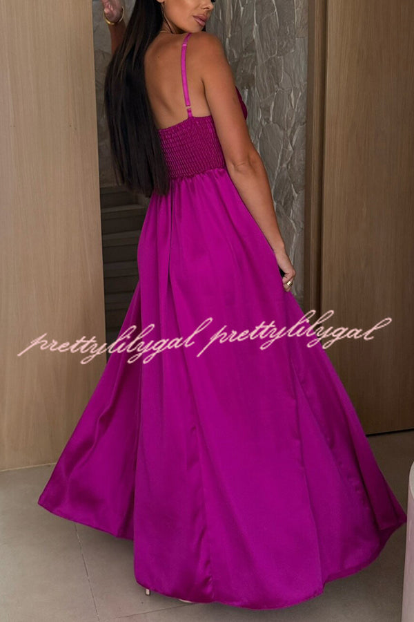 Elegant Solid Color Maxi Dress with Suspender Back, Pleated Detail & Side Slit - Perfect for Weddings, Parties & Evening Events