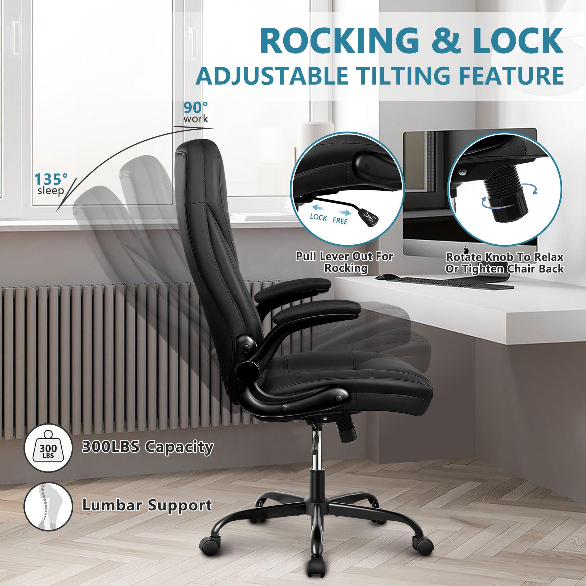 Premium Ergonomic Executive Office Chair - Big & Tall Leather Desk Chair with Adjustable Flip-Up Arms, High Back & Lumbar Support - Comfortable Computer Chair for Home Office, Gaming & Workspace (Black)