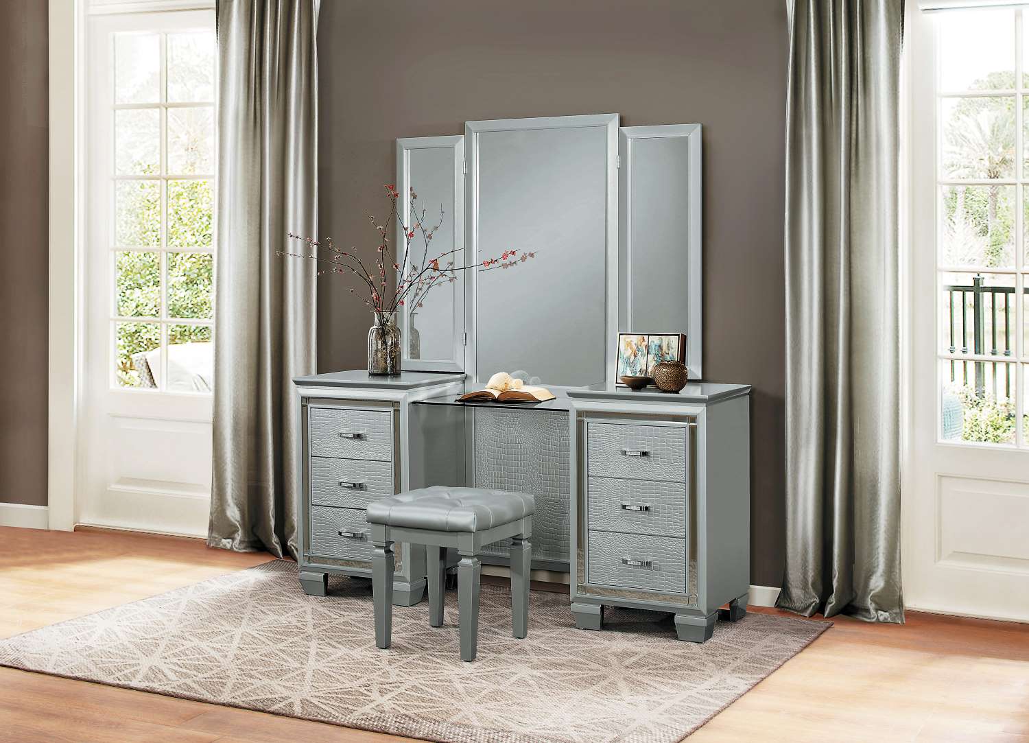 Allura Vanity Stool with Silver Finish - Elegant Makeup Seat for Dressing Table, Bedroom & Bathroom - Perfect for Vanity, Makeup Application & Home Decor