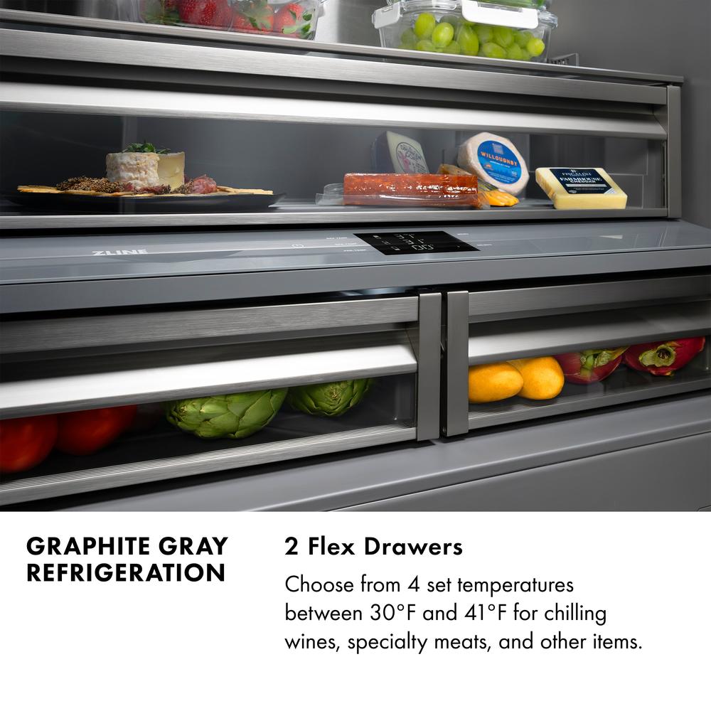 ZLINE Autograph Edition 36 Inch 19.6 cu ft French Door Built-In Bottom Freezer Refrigerator with Water Dispenser & Ice Maker - Stainless Steel with Graphite Gray Interior & Polished Gold Accents (GRBIVZ 304 36G) - Perfect for Modern Kitchens & Luxury Homes