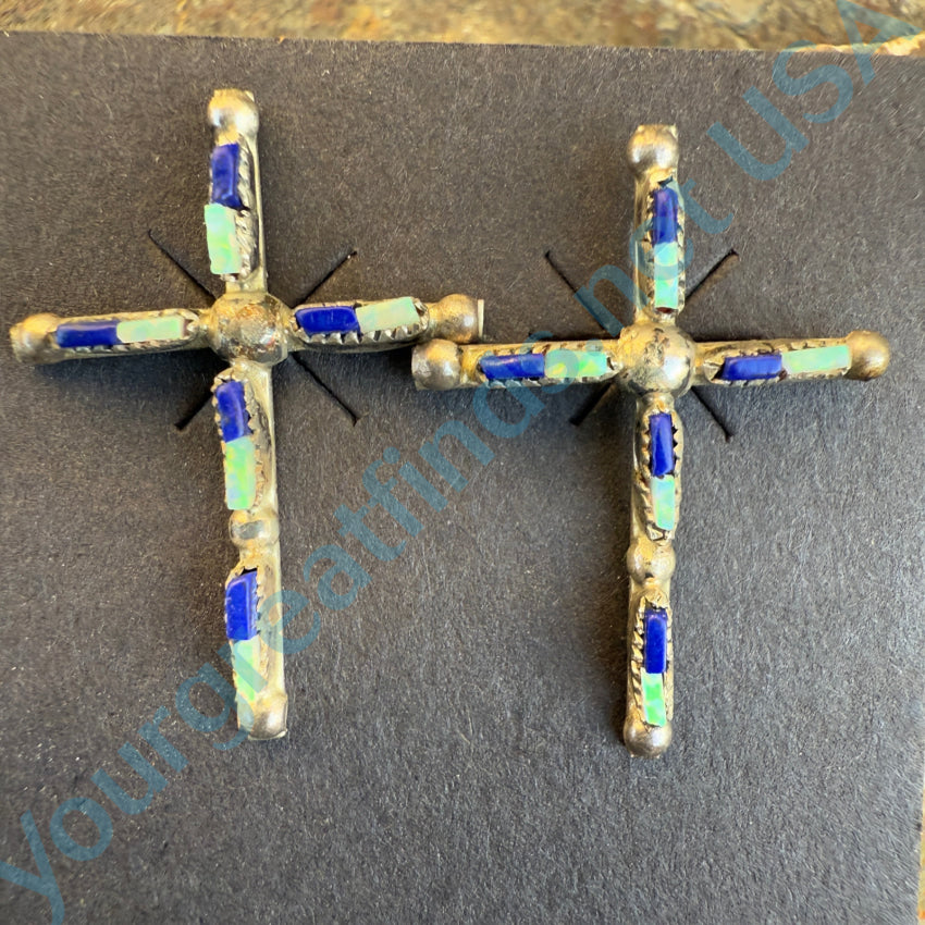Sterling Silver Zuni Lapis & Opal Needlepoint Turquoise Cross Pierced Post Earrings - Handmade Native American Jewelry for Women - Perfect for Church, Weddings & Special Occasions
