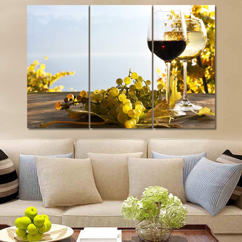Multi Panel Canvas Wall Art - Red Wine & Green Grape Paintings, Contemporary Framed Kitchen Decor (42
