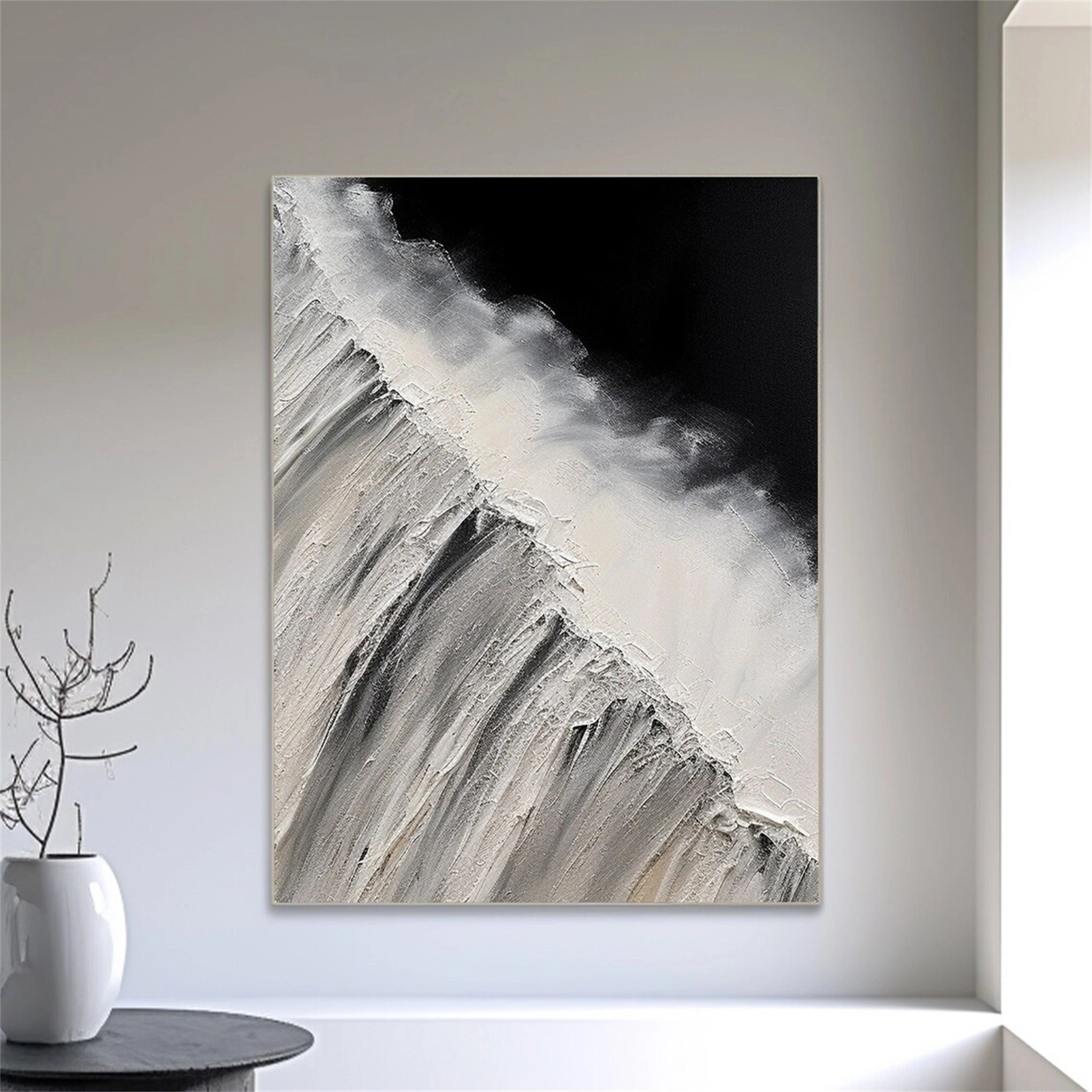 White & Black Minimalist Textured Painting Canvas #MM155 - Abstract Wall Art for Modern Home & Office Decor
