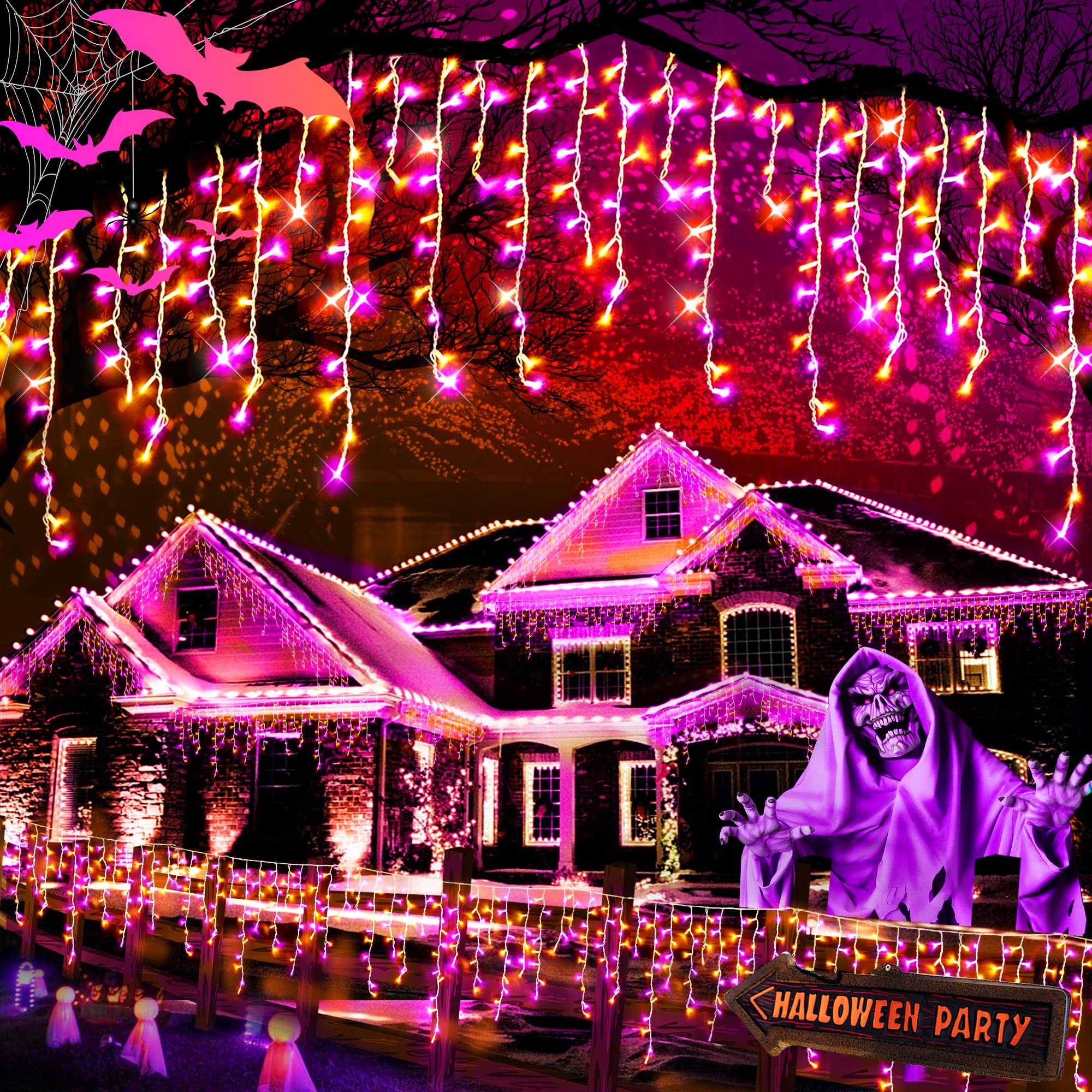 640 LED Halloween String Lights Outdoor - 66ft Waterproof Fairy Curtain Lights with 120 Drops, 8 Lighting Modes & Timer, Orange & Purple Holiday Party Decor for Home, Garden, Porch and Window