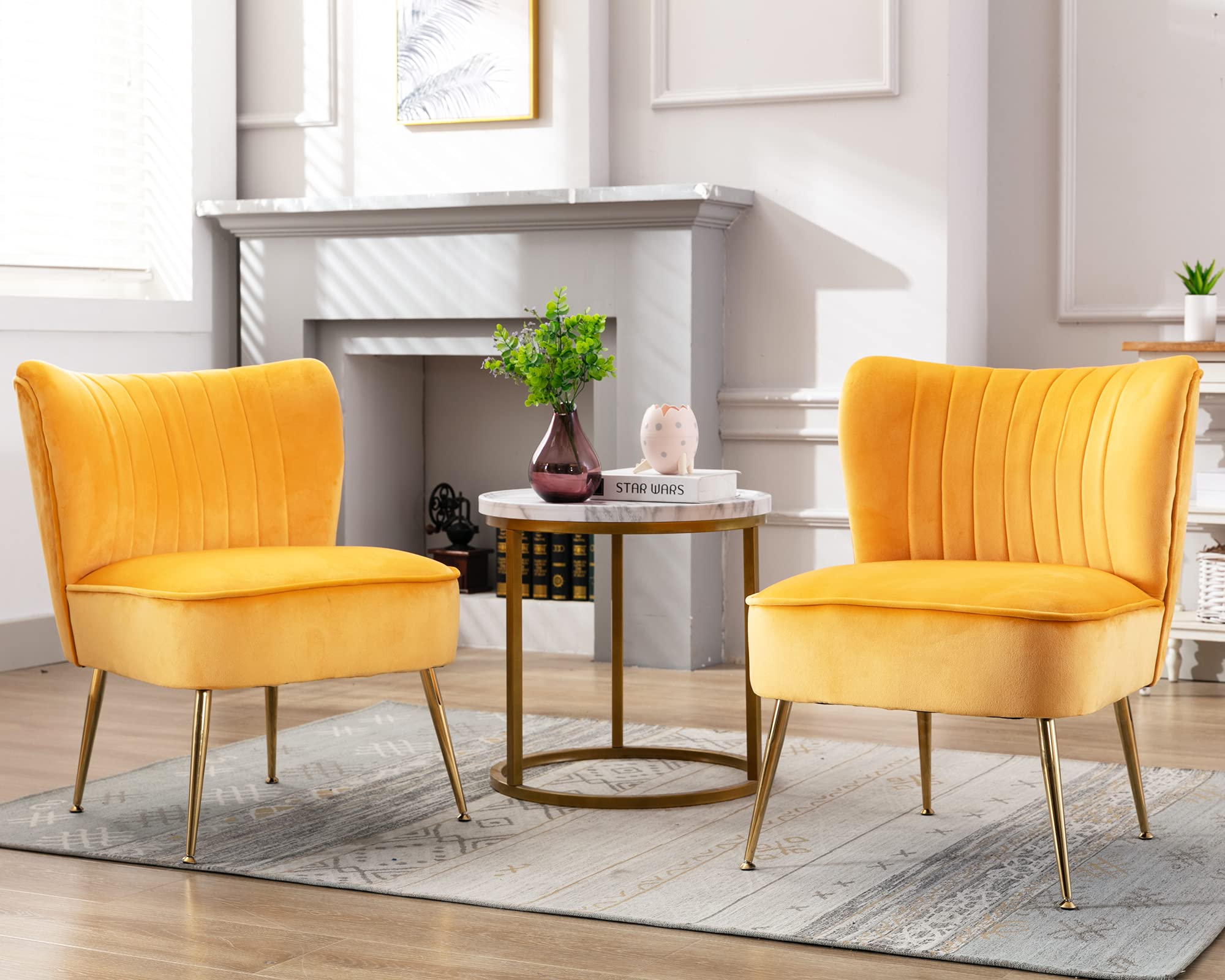 Velvet Accent Chair Set of 2 - Mid Century Modern Armless Slipper Chairs with Golden Legs for Living Room, Bedroom & Guest Room - Soft Wingback Design for Comfortable Seating - Perfect for Home Decor, Lounge & Relaxation
